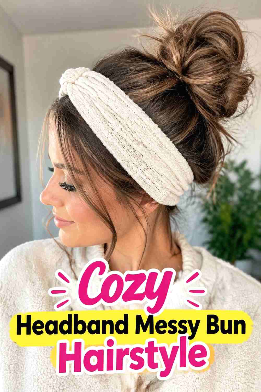5. Cozy Headband Messy Bun Hairstyle