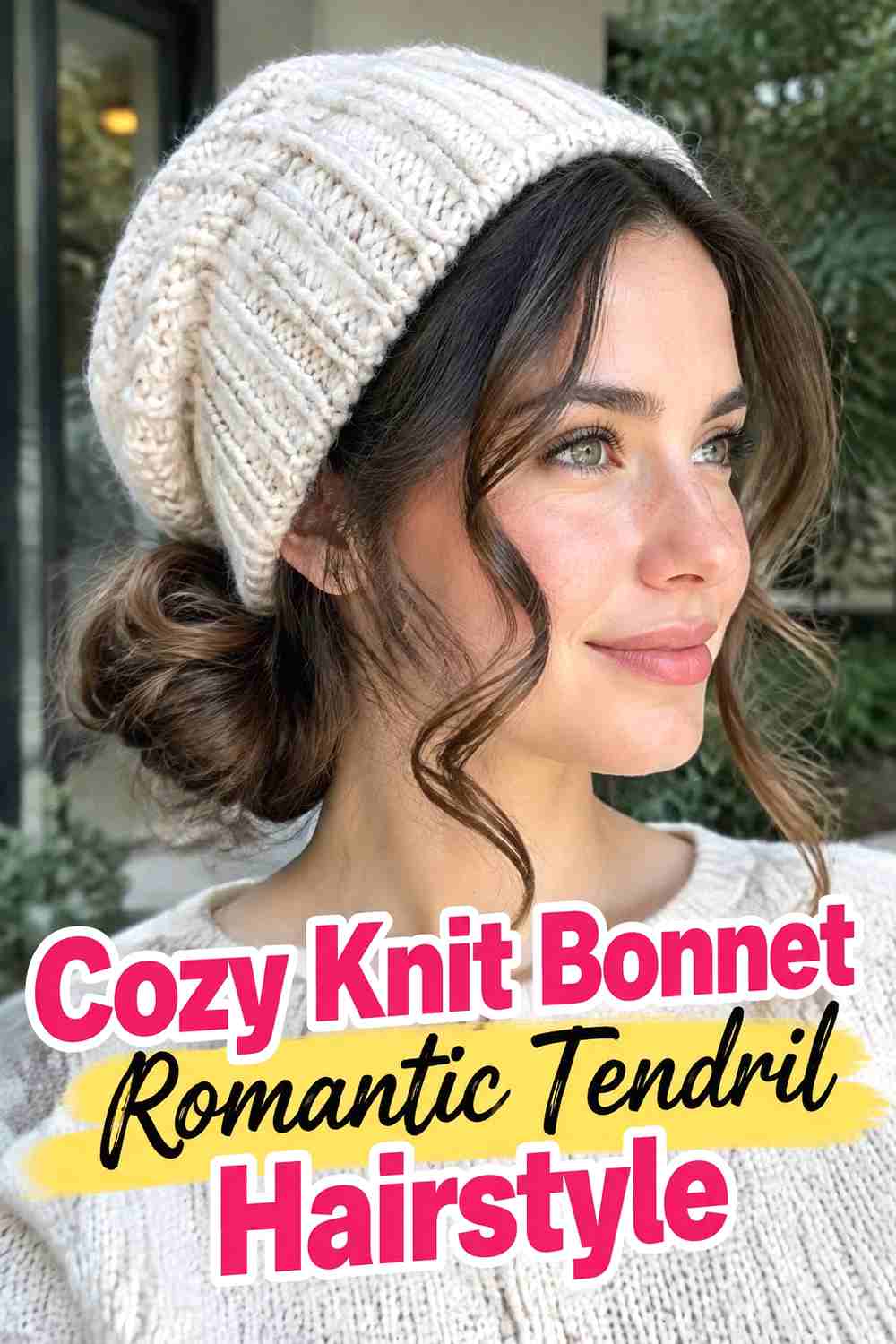 17. Cozy Knit Bonnet Romantic Tendril Hairstyle