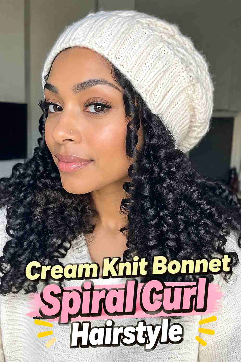 5. Cream Knit Bonnet Spiral Curl Hairstyle