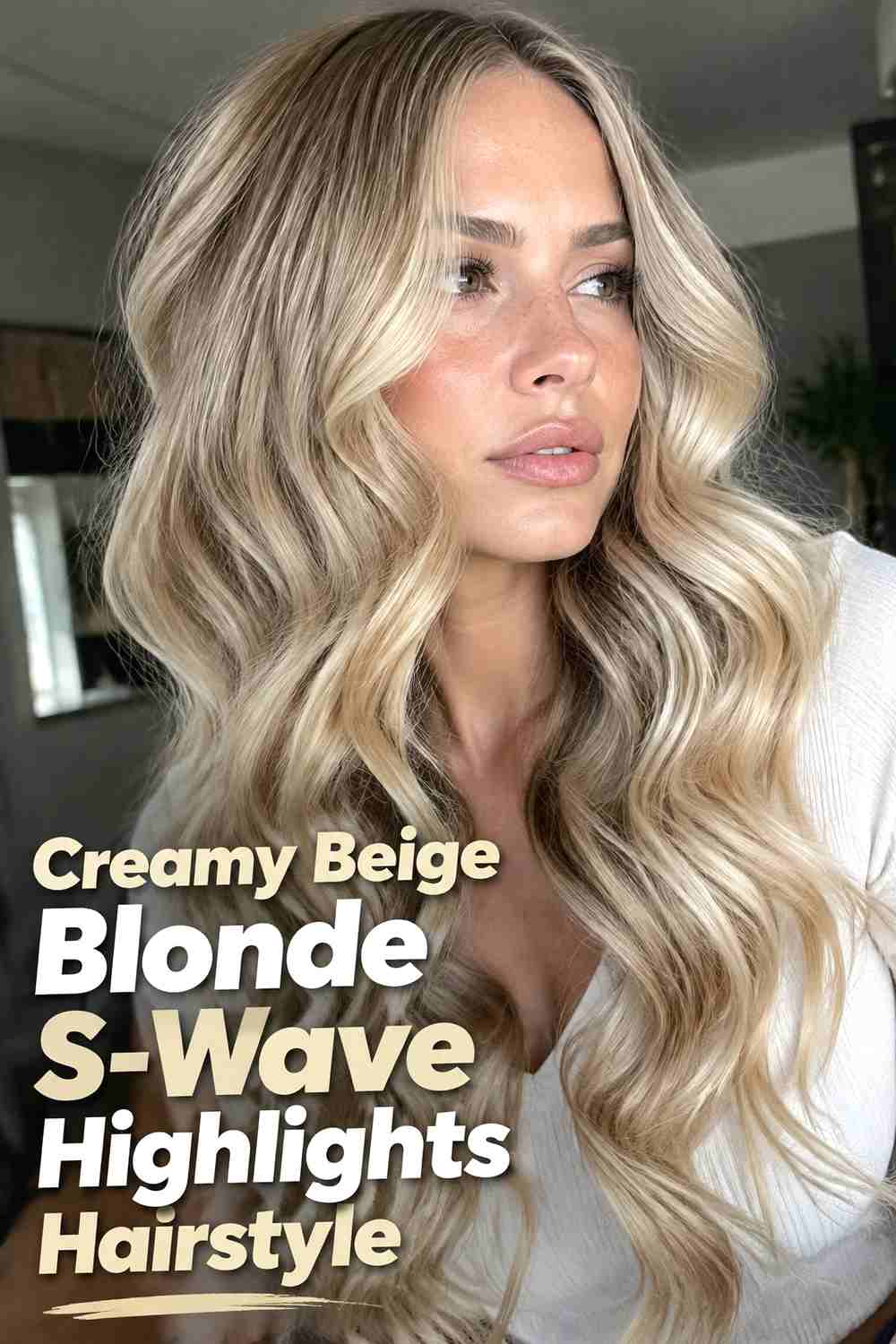 6. Creamy Beige Blonde S Wave Highlights Hairstyle