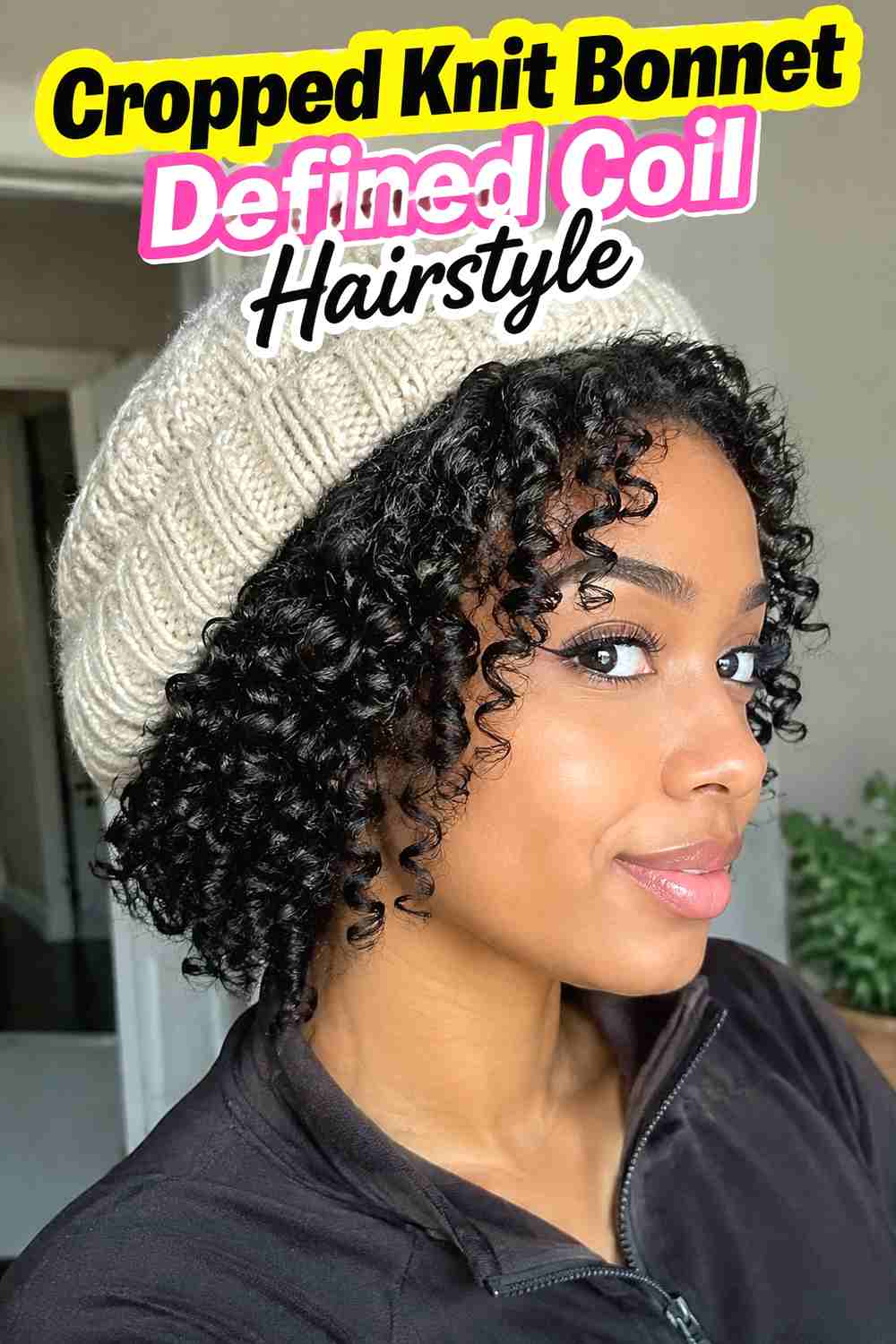 18. Cropped Knit Bonnet Defined Coil Hairstyle