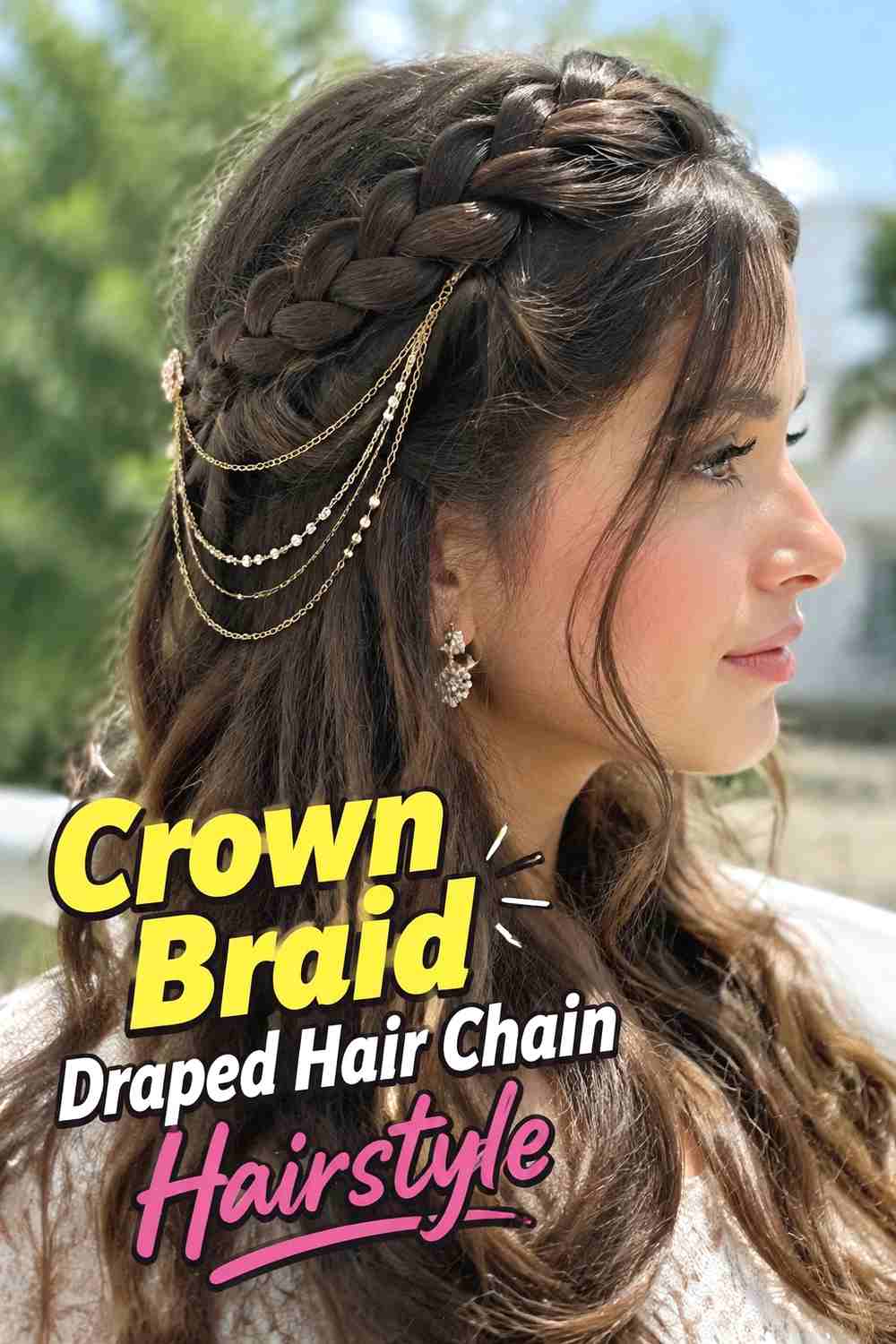 17. Crown Braid Draped Hair Chain Hairstyle