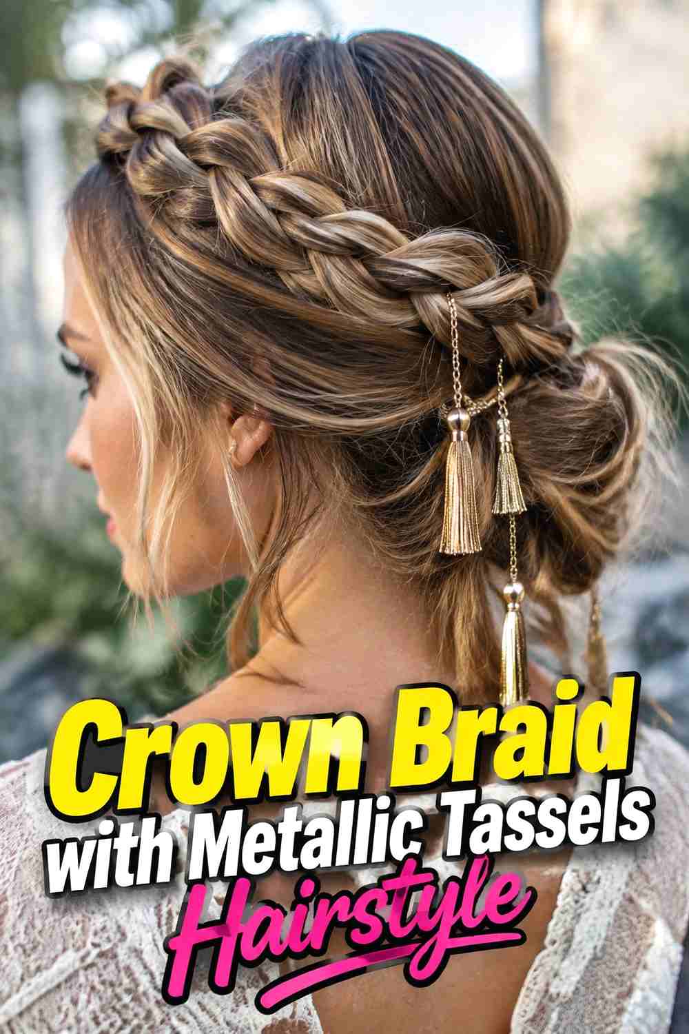 5. Crown Braid With Metallic Tassels Hairstyle