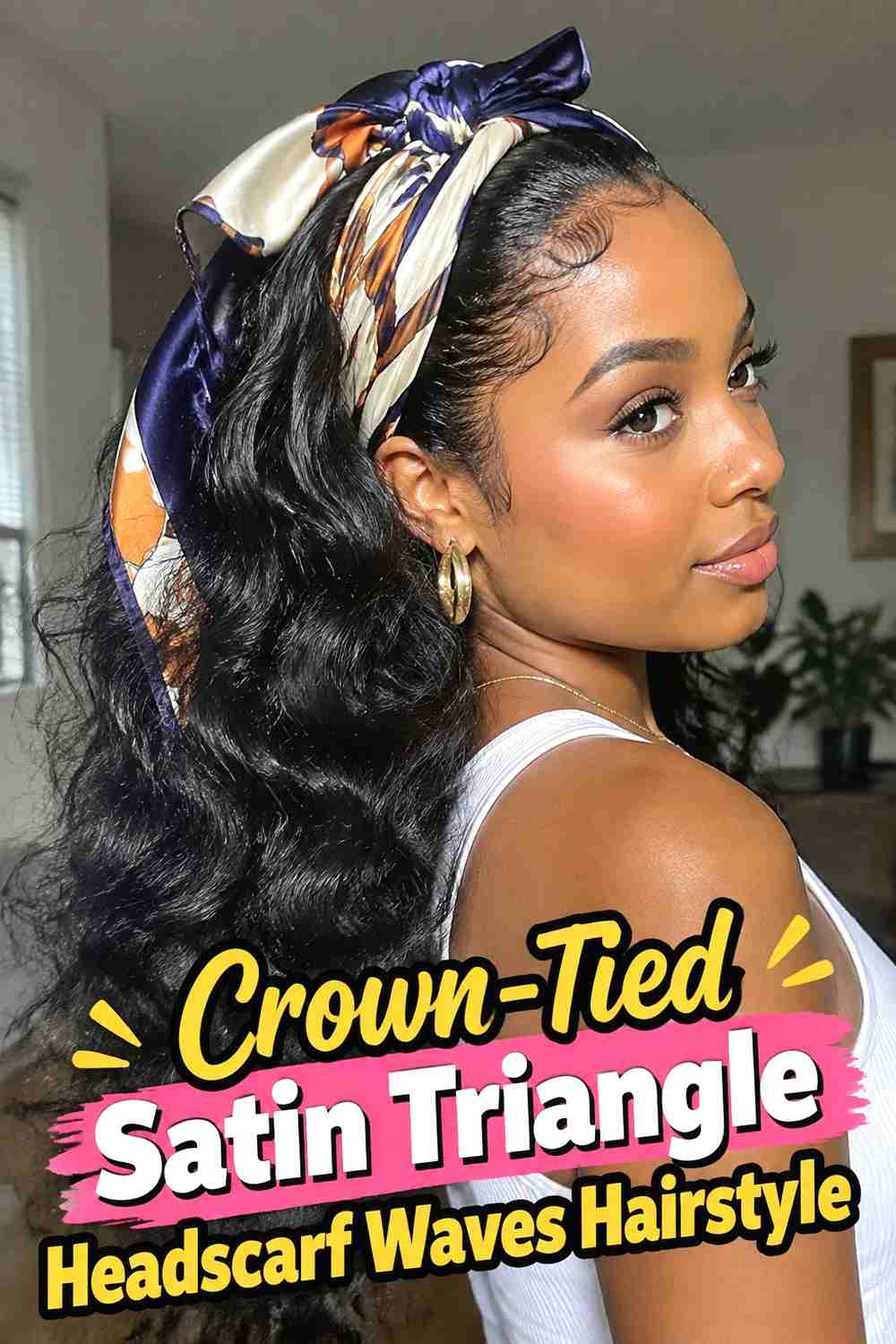 10. Crown Tied Satin Triangle Headscarf Waves Hairstyle
