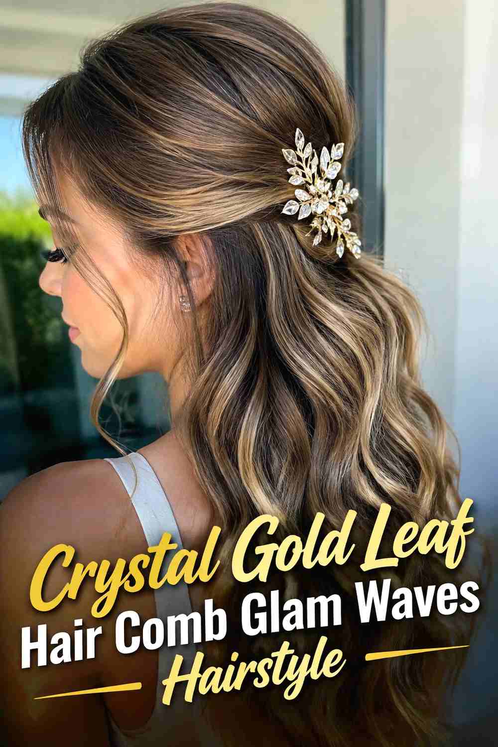 8. Crystal Gold Leaf Hair Comb Glam Waves Hairstyle