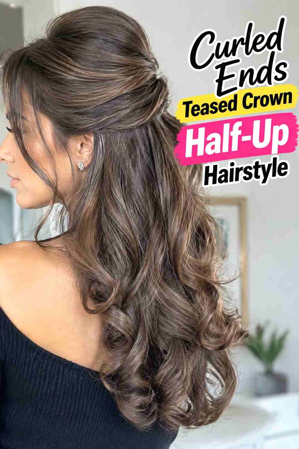 5. Curled Ends Teased Crown Half Up Hairstyle