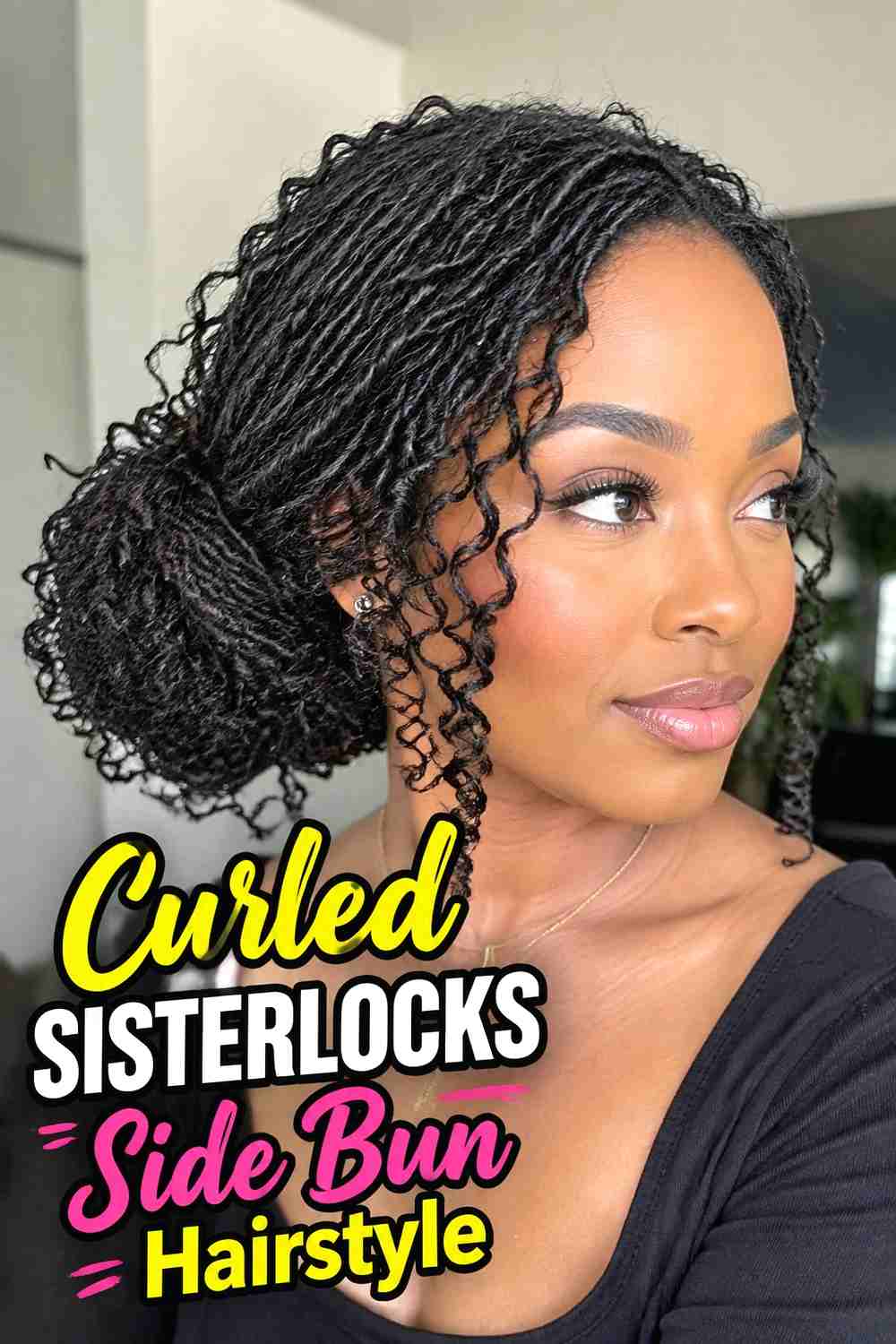 3. Curled Sisterlocks Side Bun Hairstyle