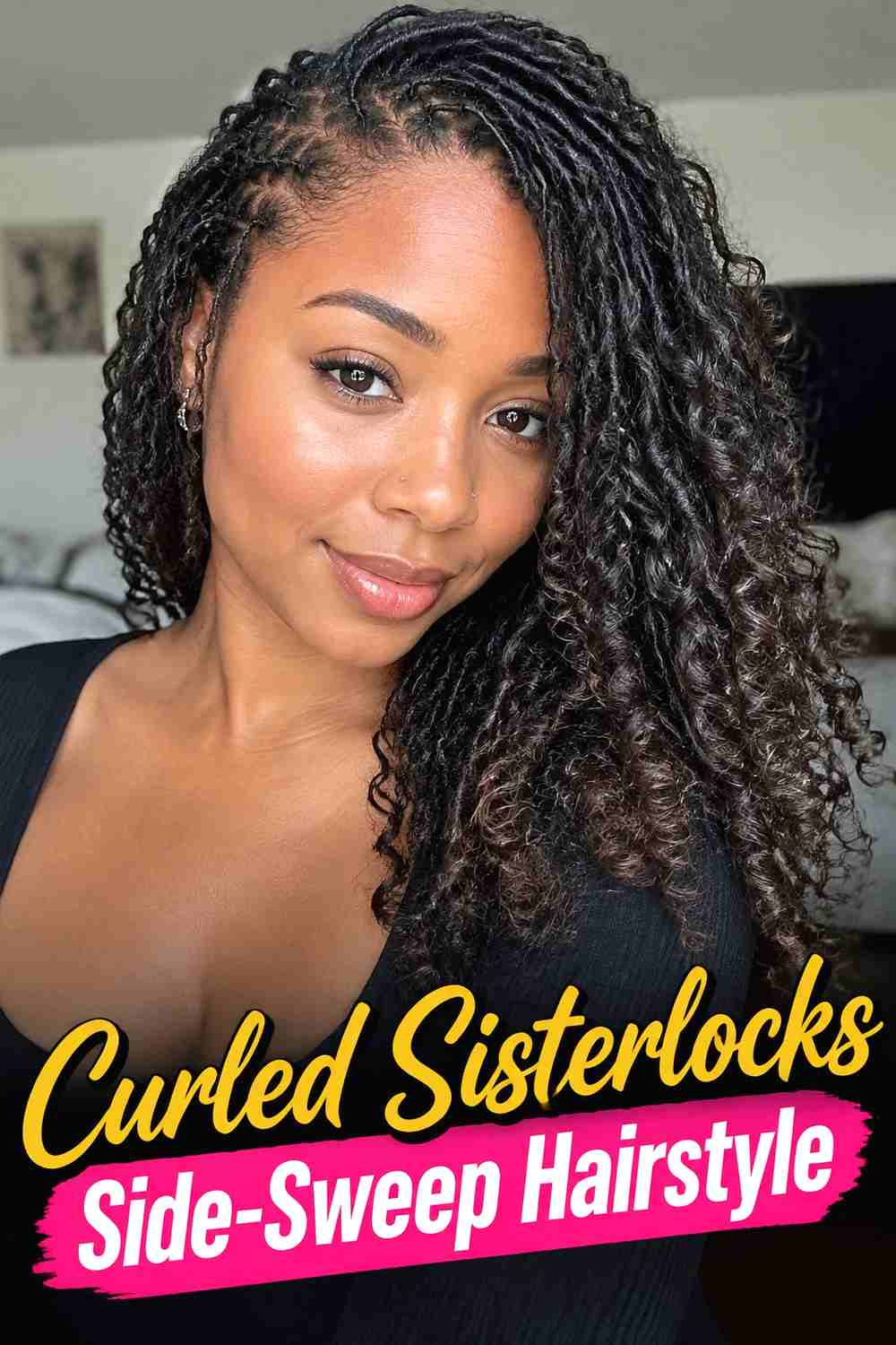2. Curled Sisterlocks Side Sweep Hairstyle