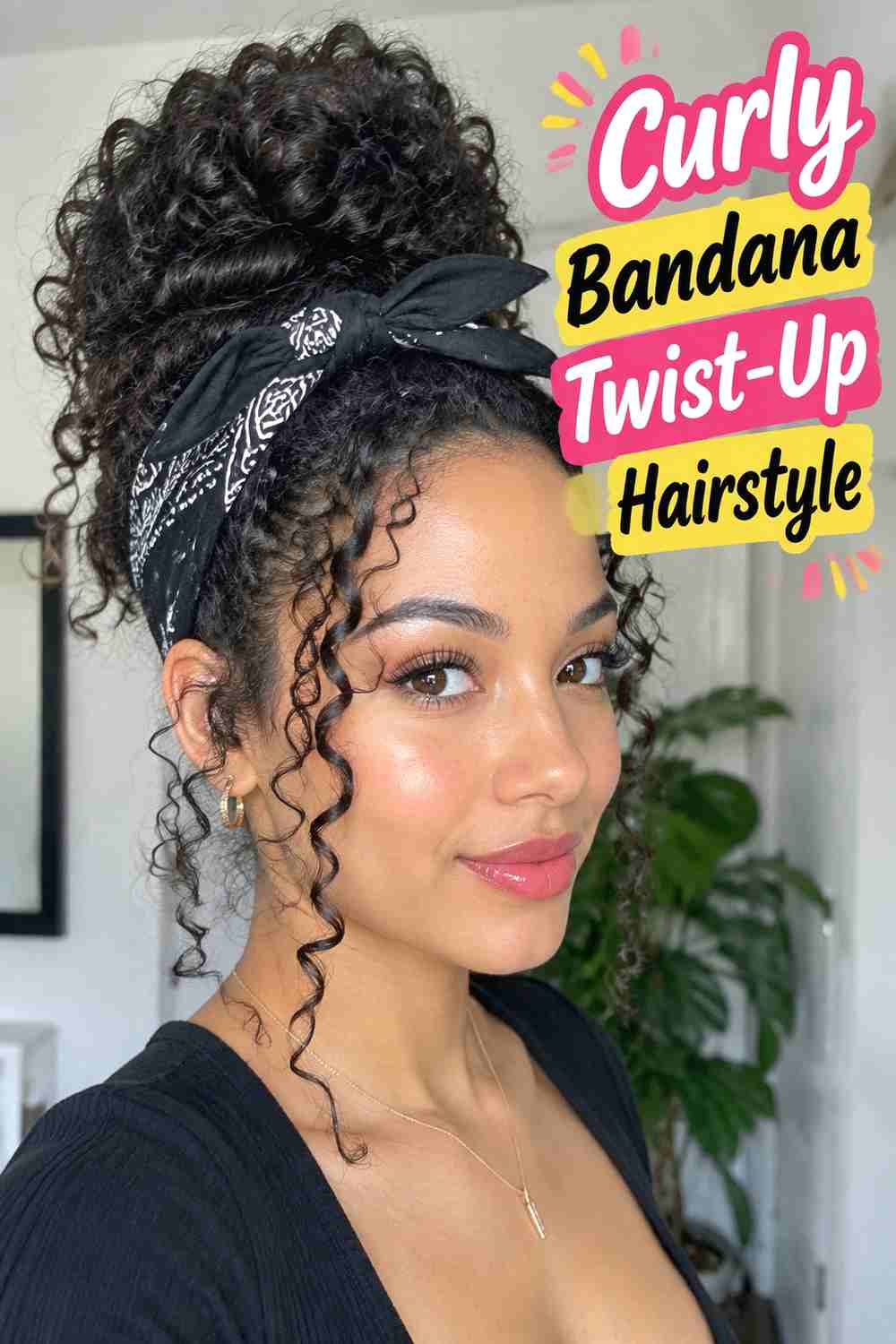 9. Curly Bandana Twist Up Hairstyle