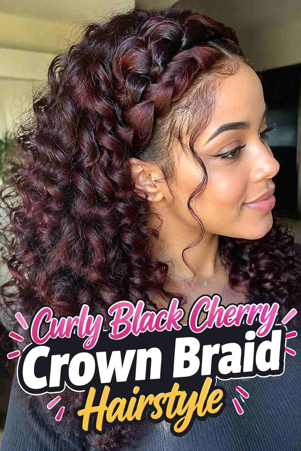 6. Curly Black Cherry Crown Braid Hairstyle