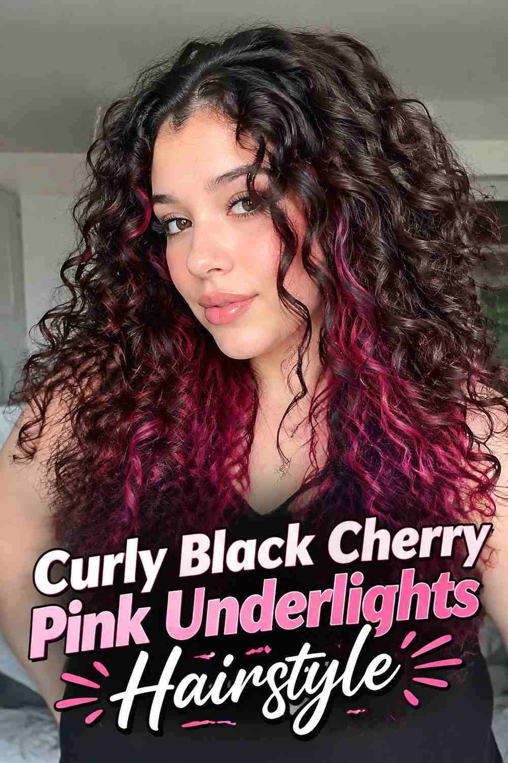 7. Curly Black Cherry Pink Underlights Hairstyle