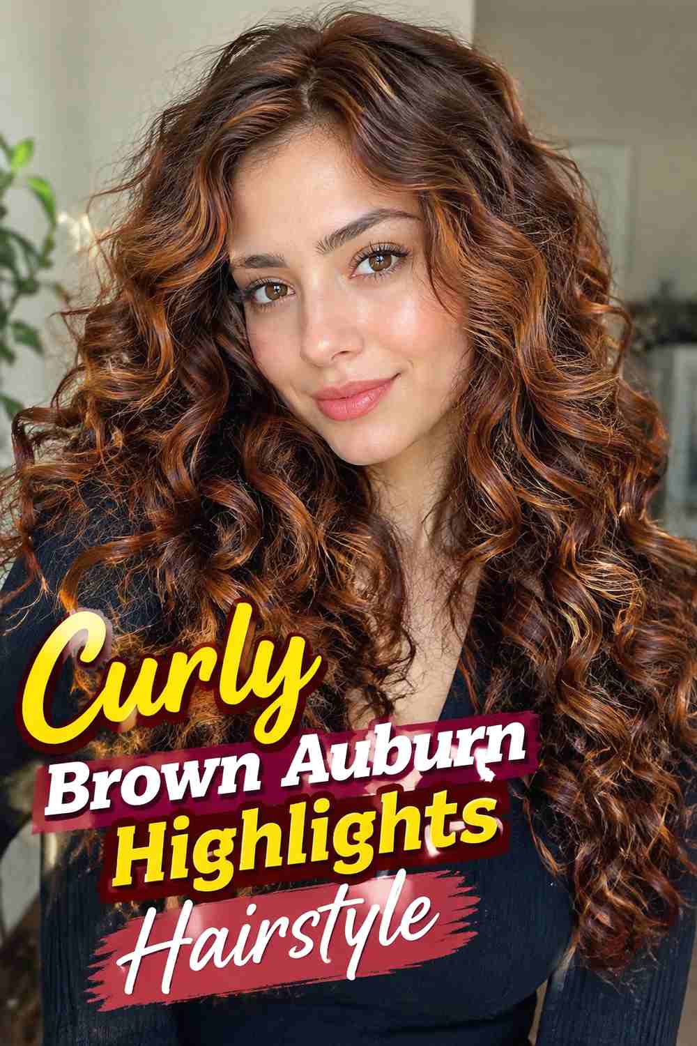 8. Curly Brown Auburn Highlights Hairstyle
