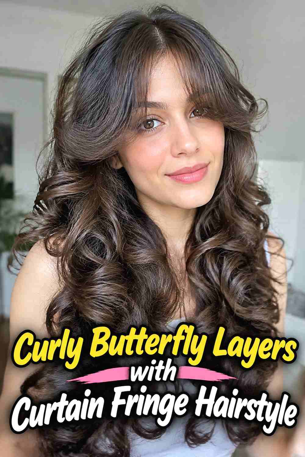 10. Curly Butterfly Layers With Curtain Fringe Hairstyle