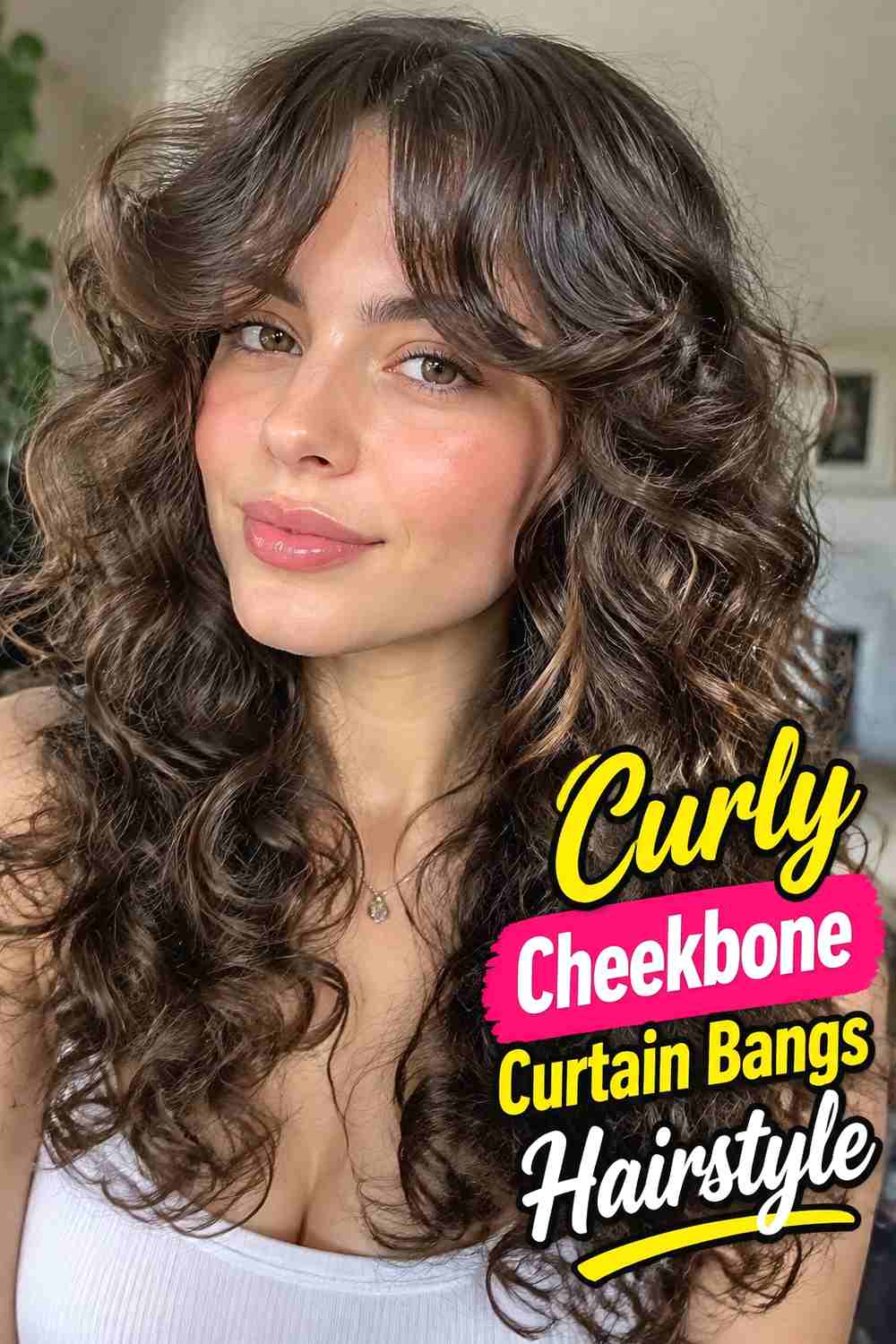 7. Curly Cheekbone Curtain Bangs Hairstyle