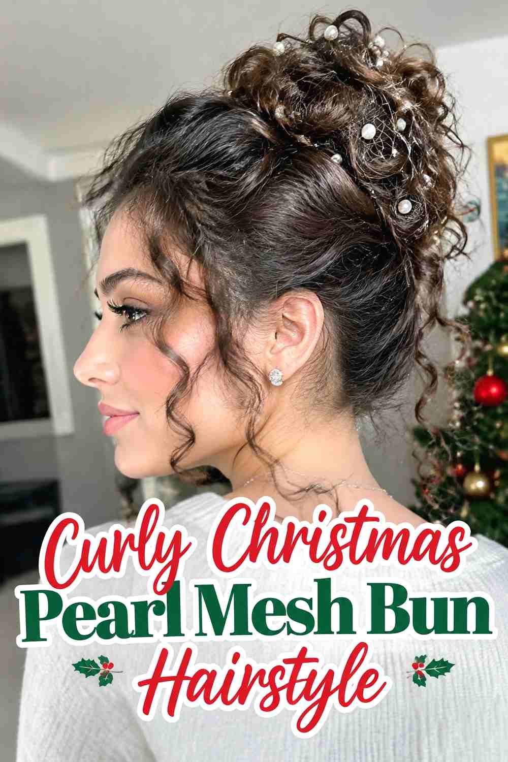 6. Curly Christmas Pearl Mesh Bun Hairstyle