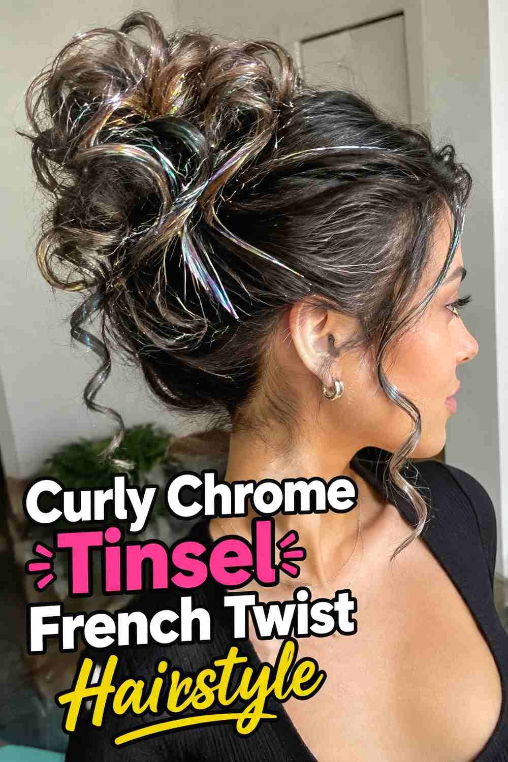 14. Curly Chrome Tinsel French Twist Hairstyle