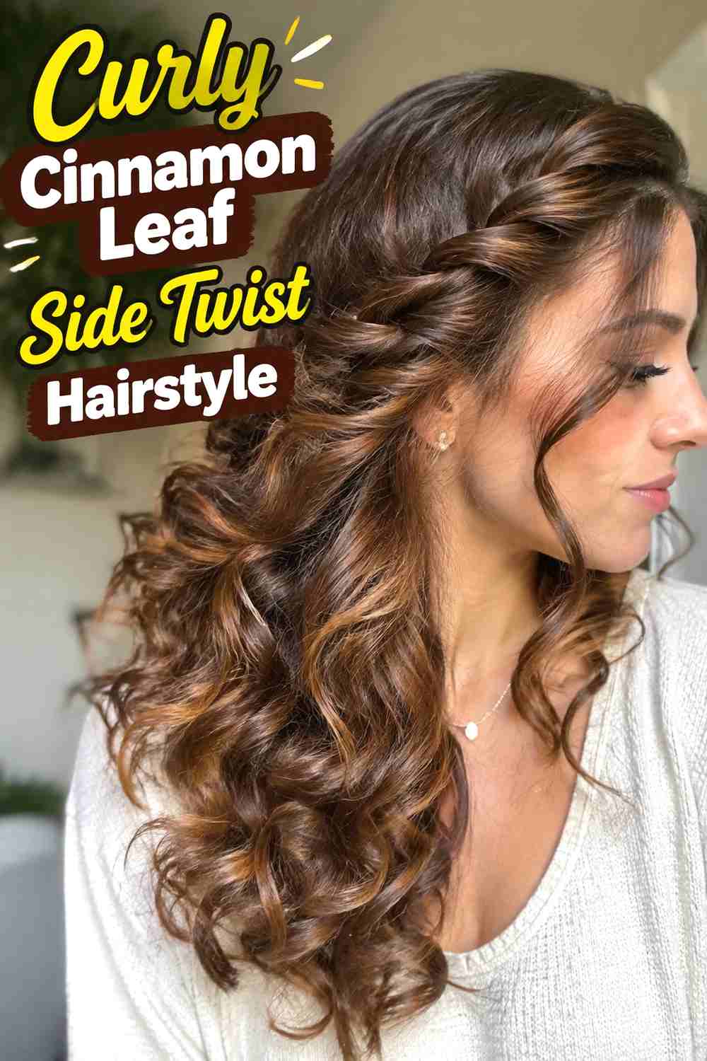 7. Curly Cinnamon Leaf Side Twist Hairstyle