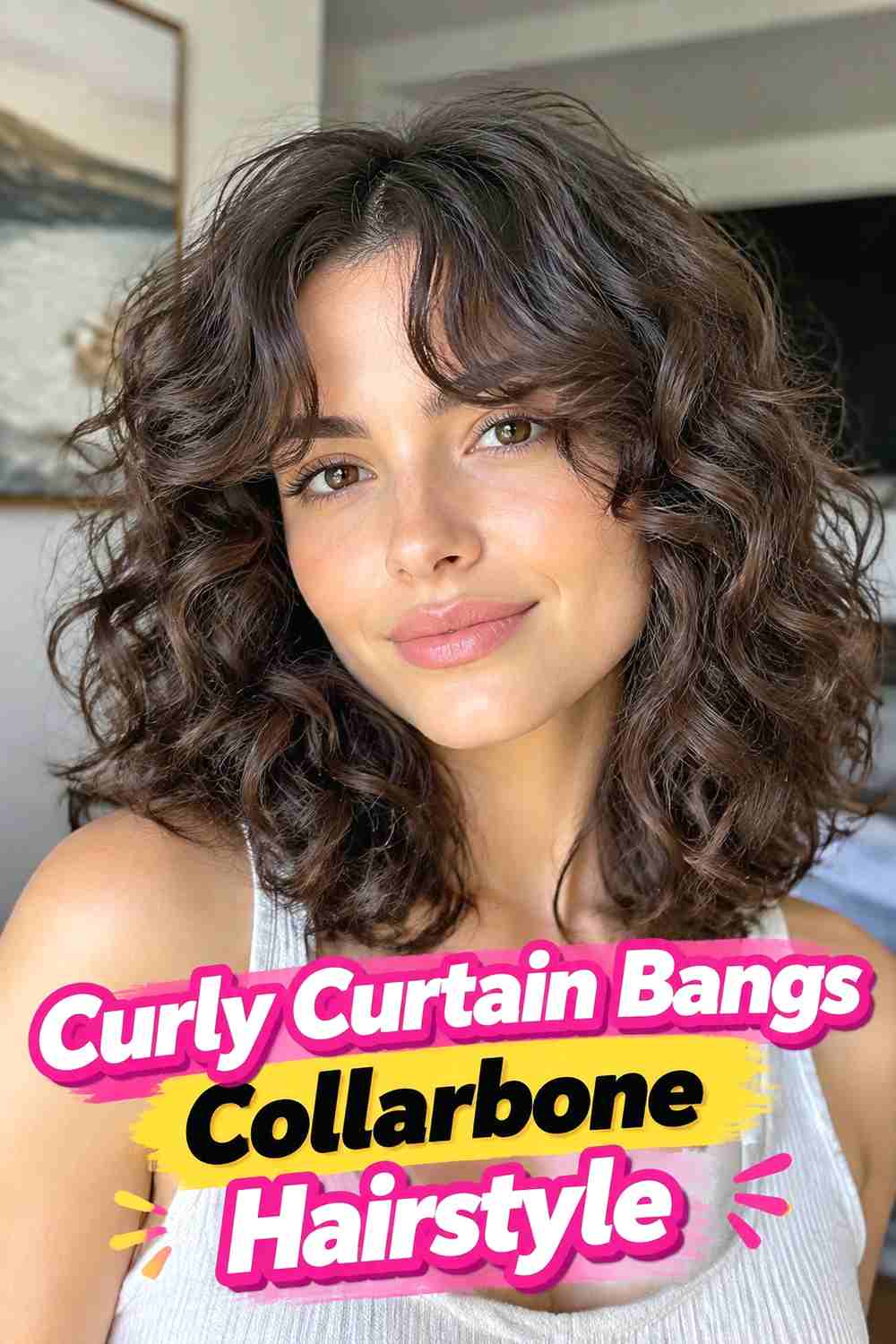 8. Curly Curtain Bangs Collarbone Hairstyle