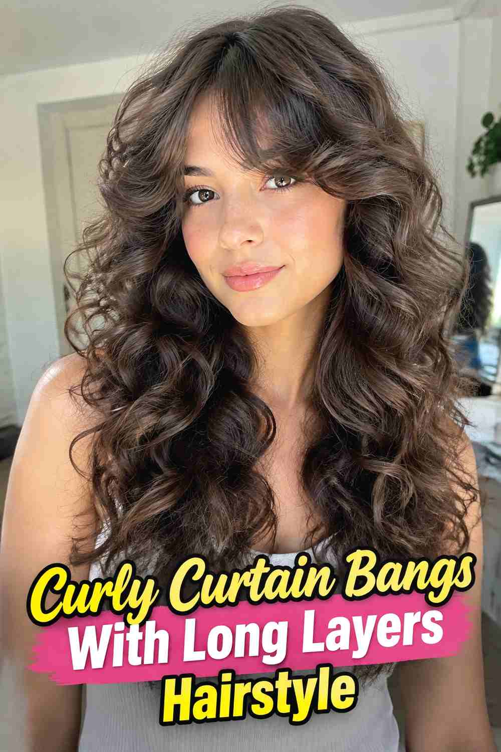 8. Curly Curtain Bangs With Long Layers Hairstyle