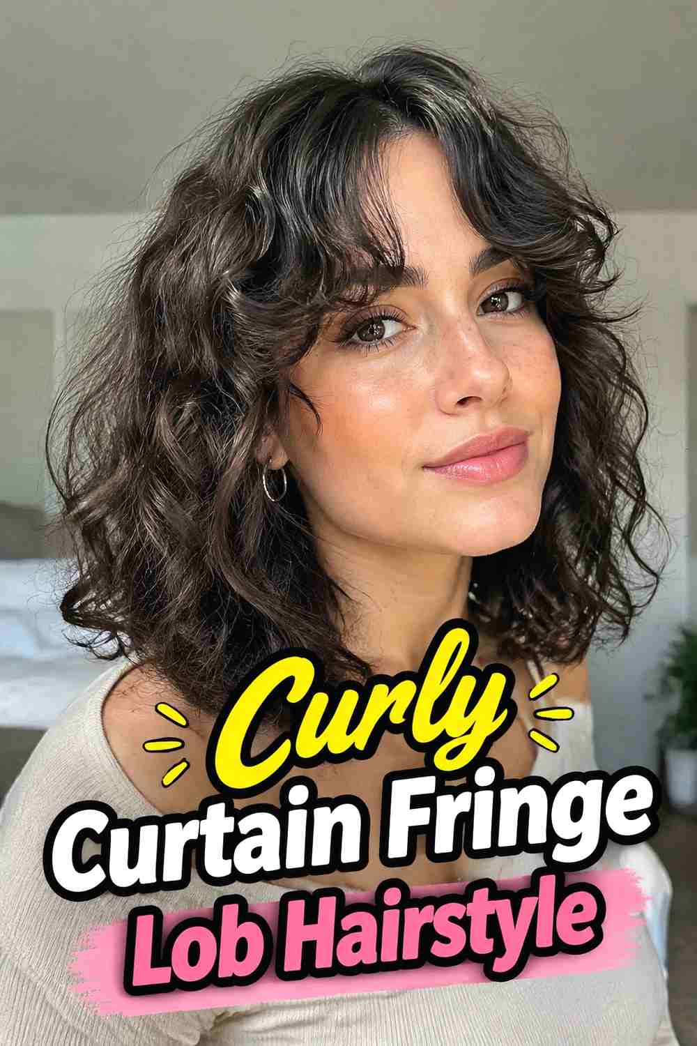 10. Curly Curtain Fringe Lob Hairstyle