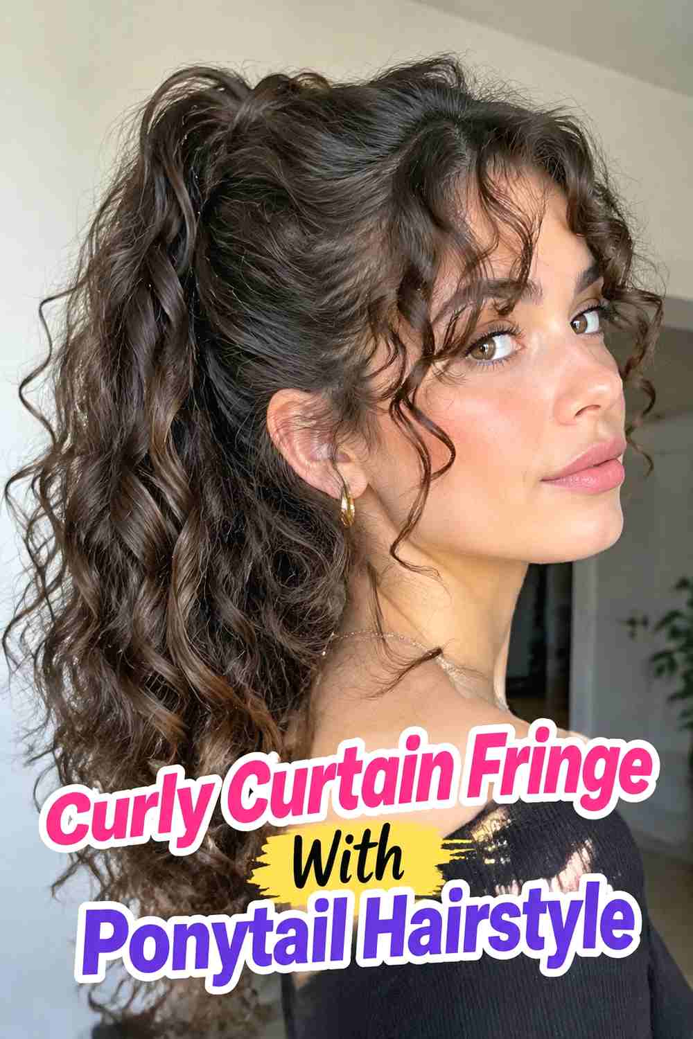 13. Curly Curtain Fringe With Ponytail Hairstyle