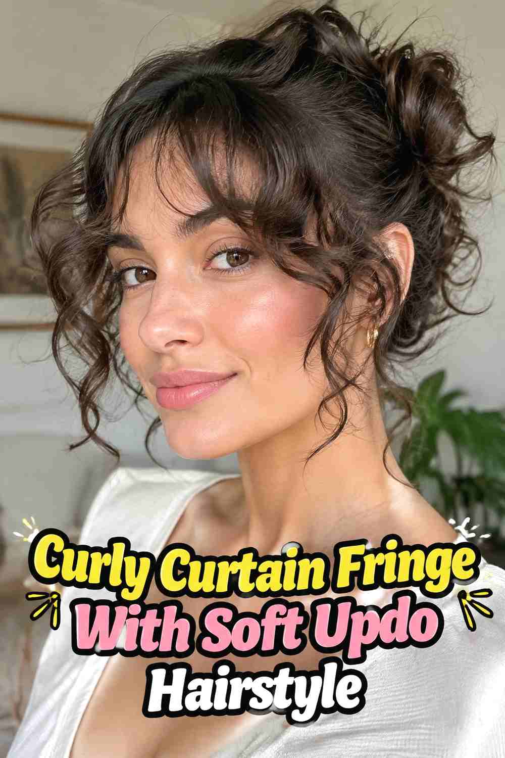 14. Curly Curtain Fringe With Soft Updo Hairstyle