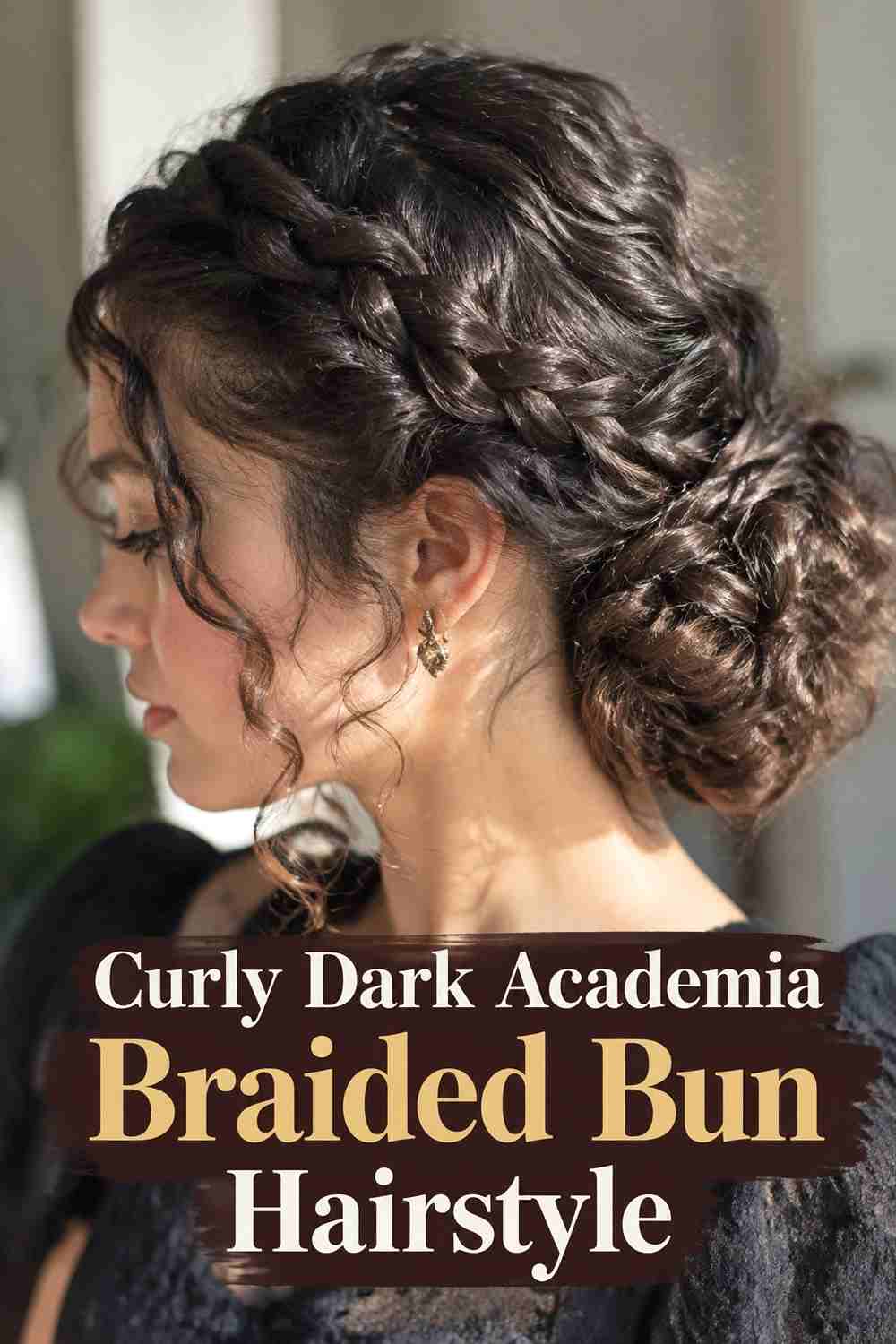 13. Curly Dark Academia Braided Bun Hairstyle