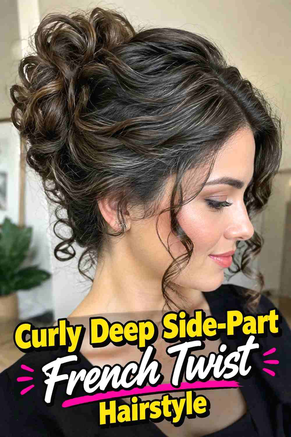 13. Curly Deep Side Part French Twist Hairstyle