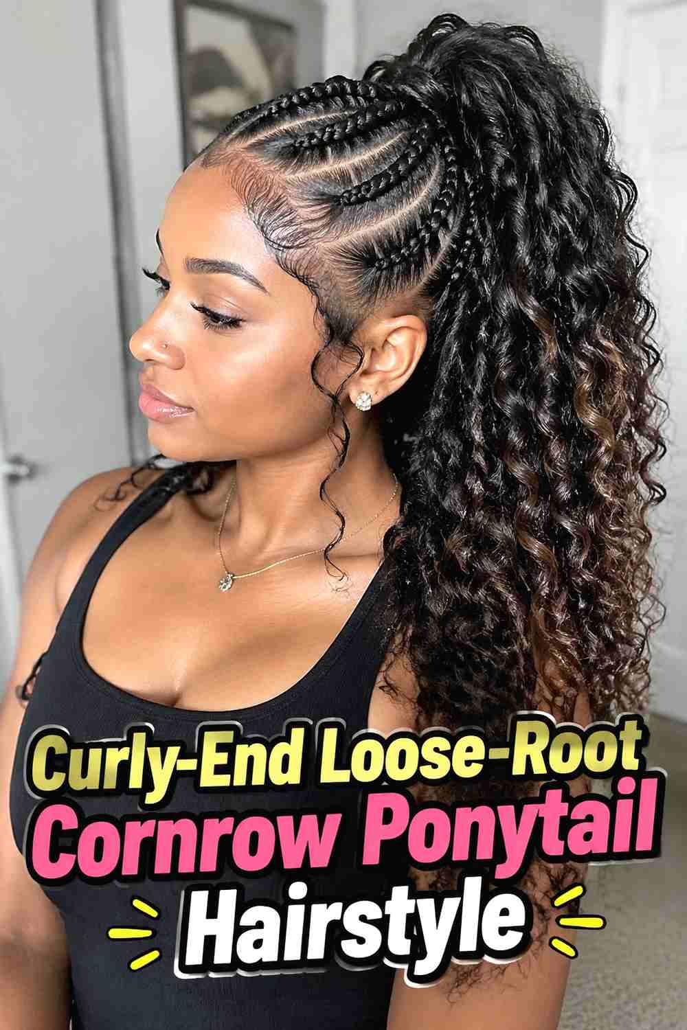 12. Curly End Loose Root Cornrow Ponytail Hairstyle
