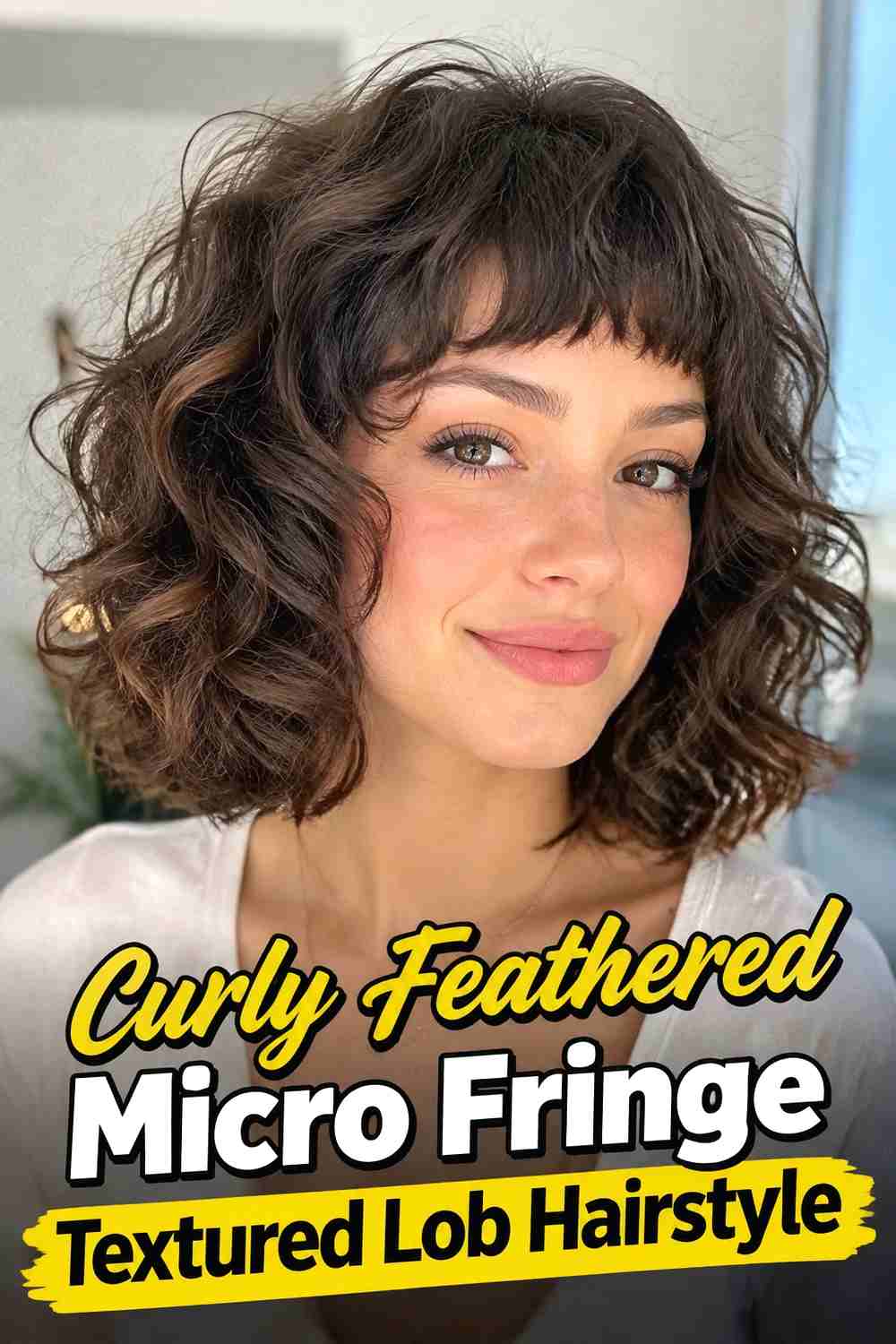 6. Curly Feathered Micro Fringe Textured Lob Hairstyle