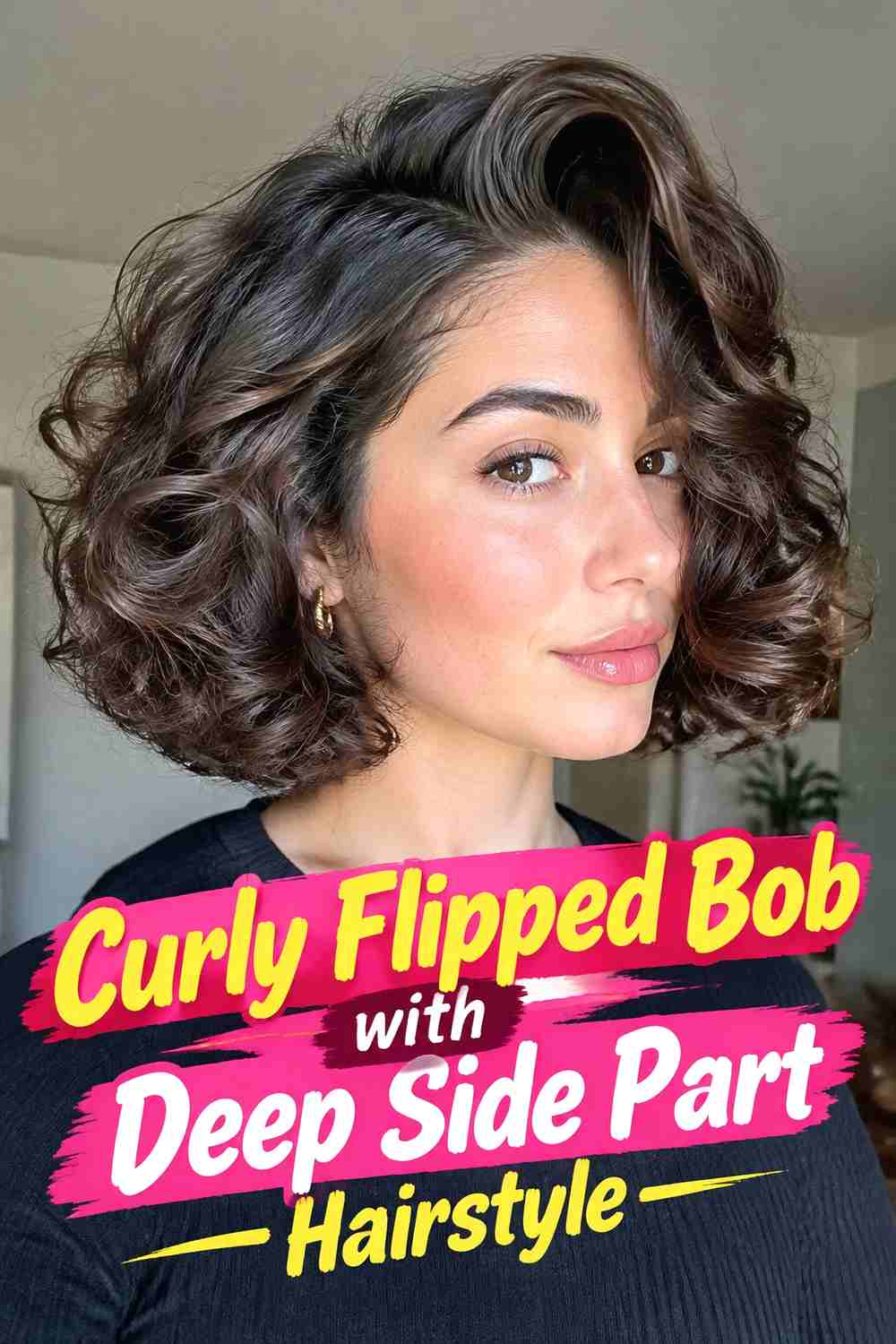 14. Curly Flipped Bob With Deep Side Part Hairstyle