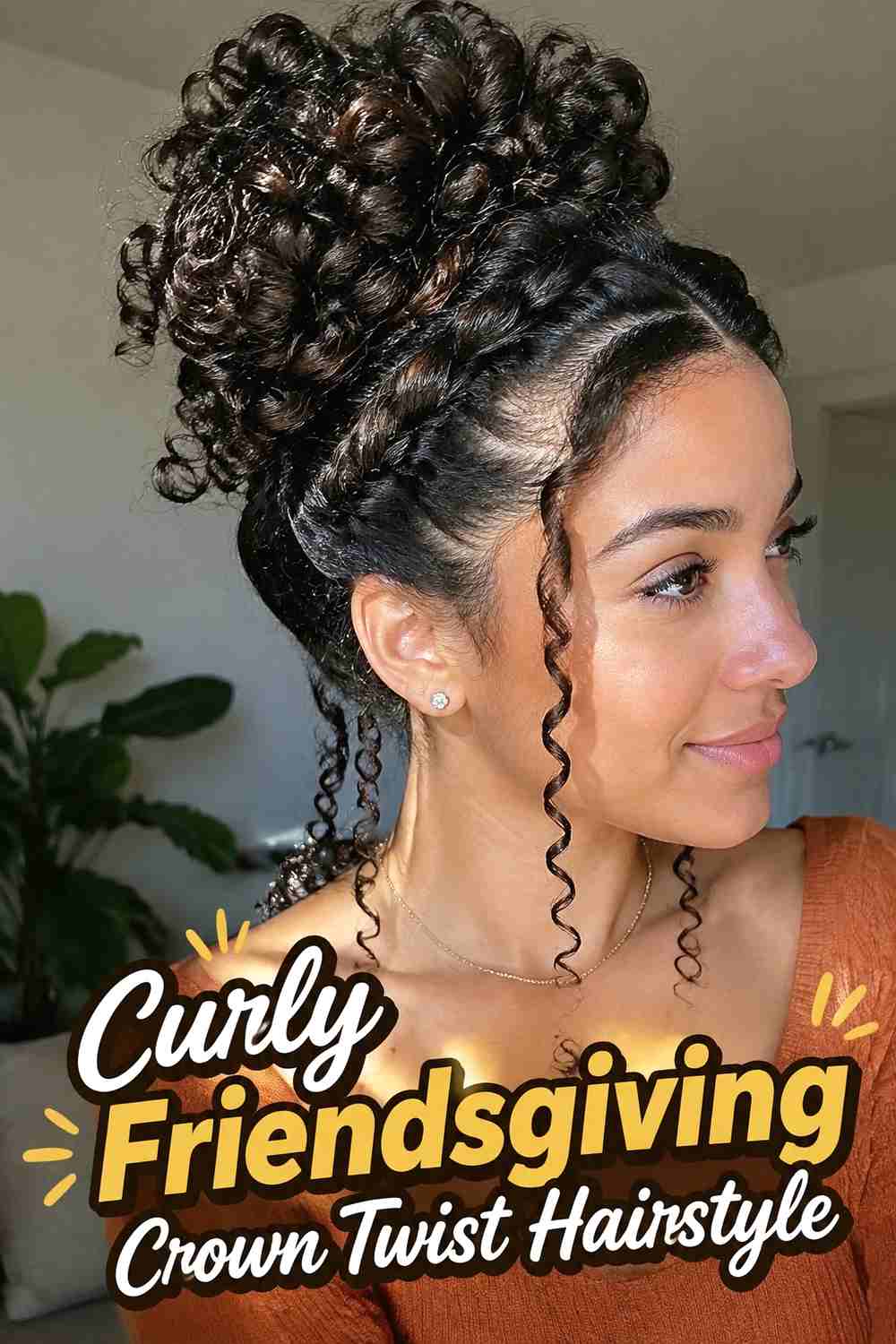 4. Curly Friendsgiving Crown Twist Hairstyle