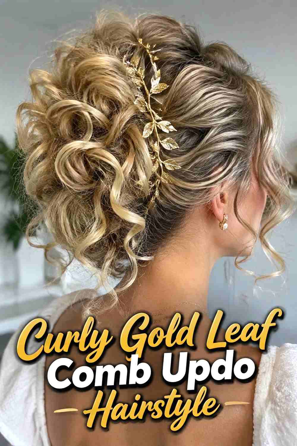 5. Curly Gold Leaf Comb Updo Hairstyle