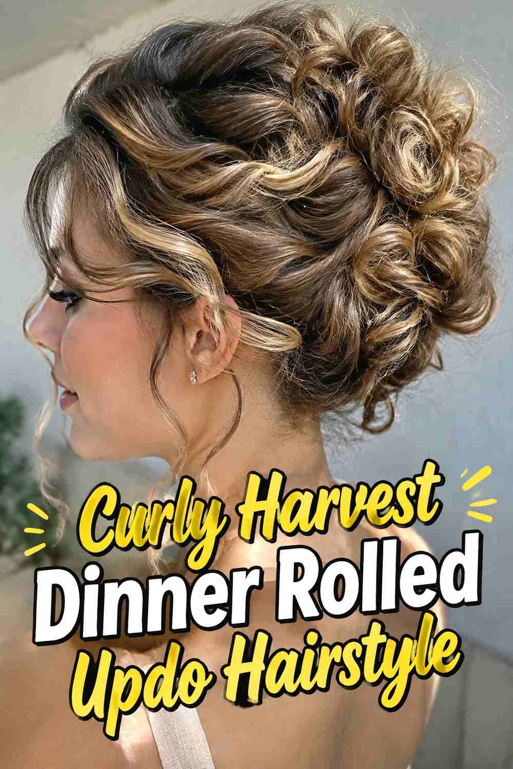 8. Curly Harvest Dinner Rolled Updo Hairstyle