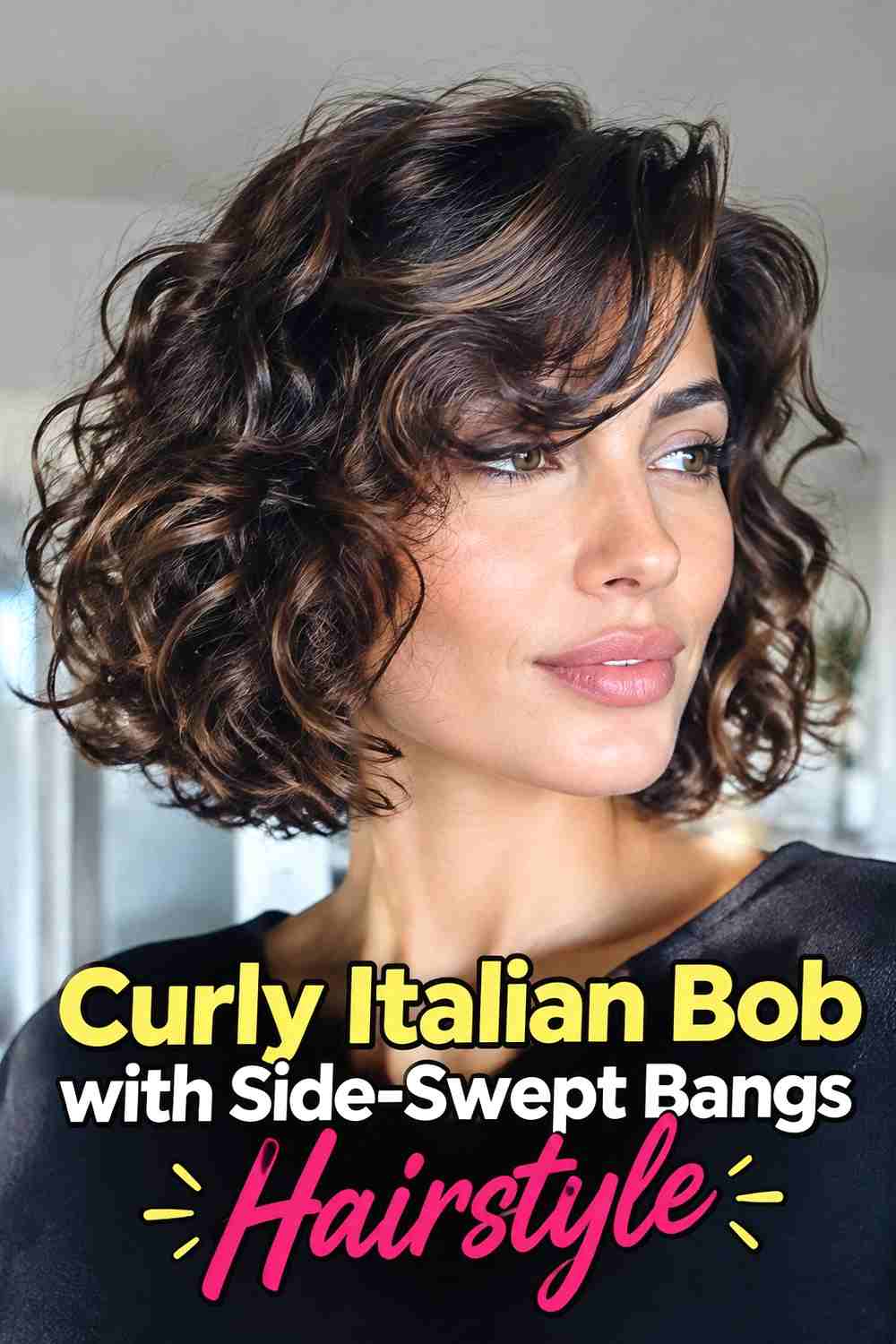11. Curly Italian Bob With Side Swept Bangs Hairstyle