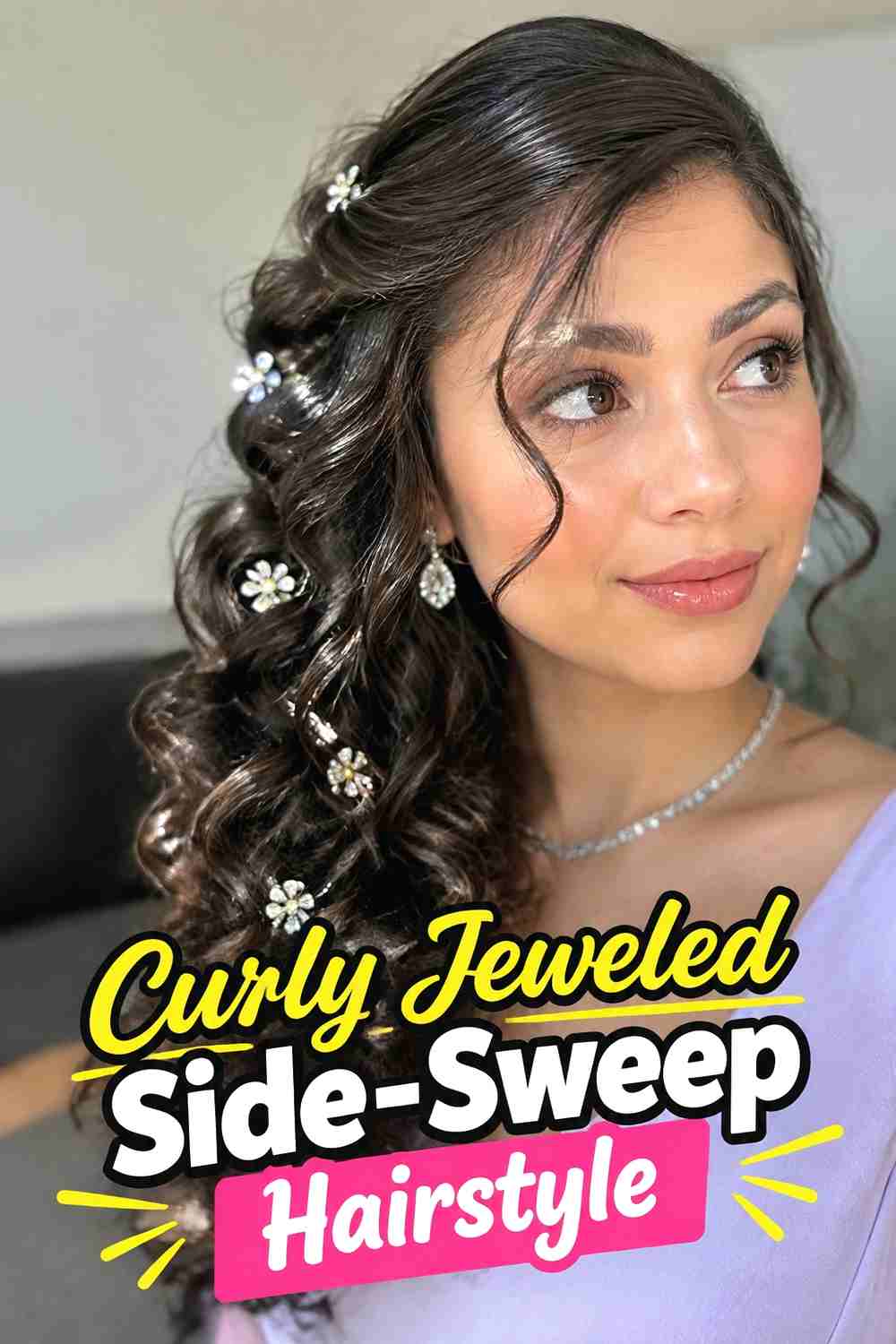 8. Curly Jeweled Side Sweep Hairstyle