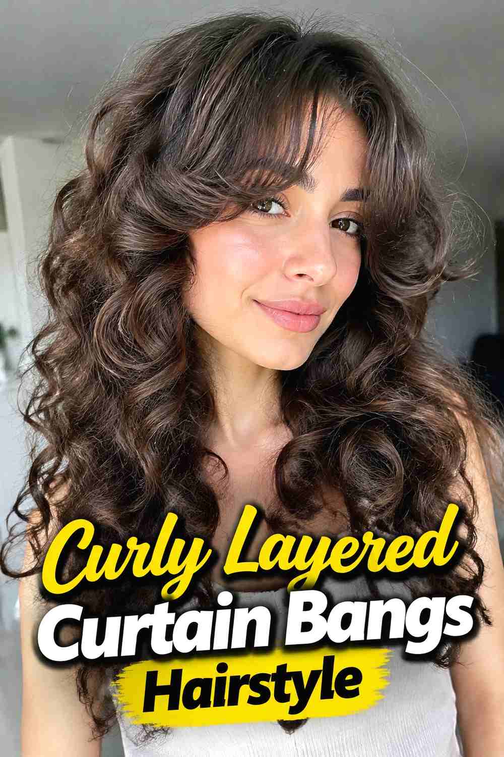10. Curly Layered Curtain Bangs Hairstyle