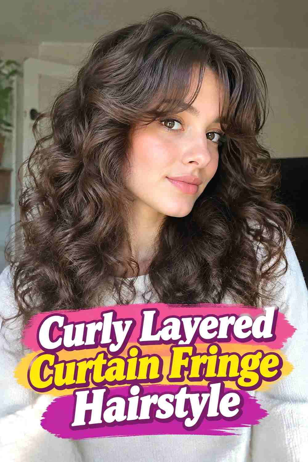 7. Curly Layered Curtain Fringe Hairstyle