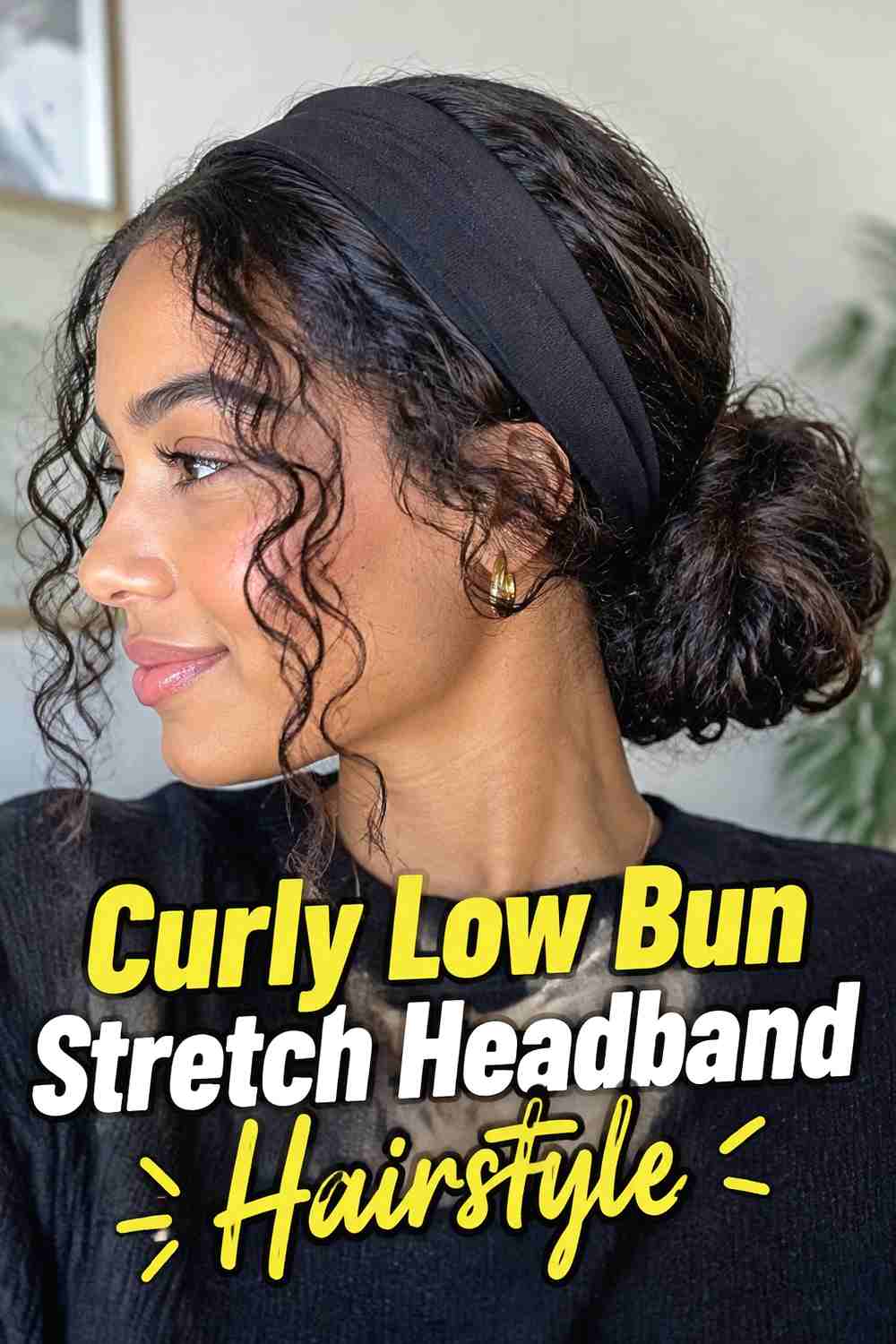 10. Curly Low Bun Stretch Headband Hairstyle