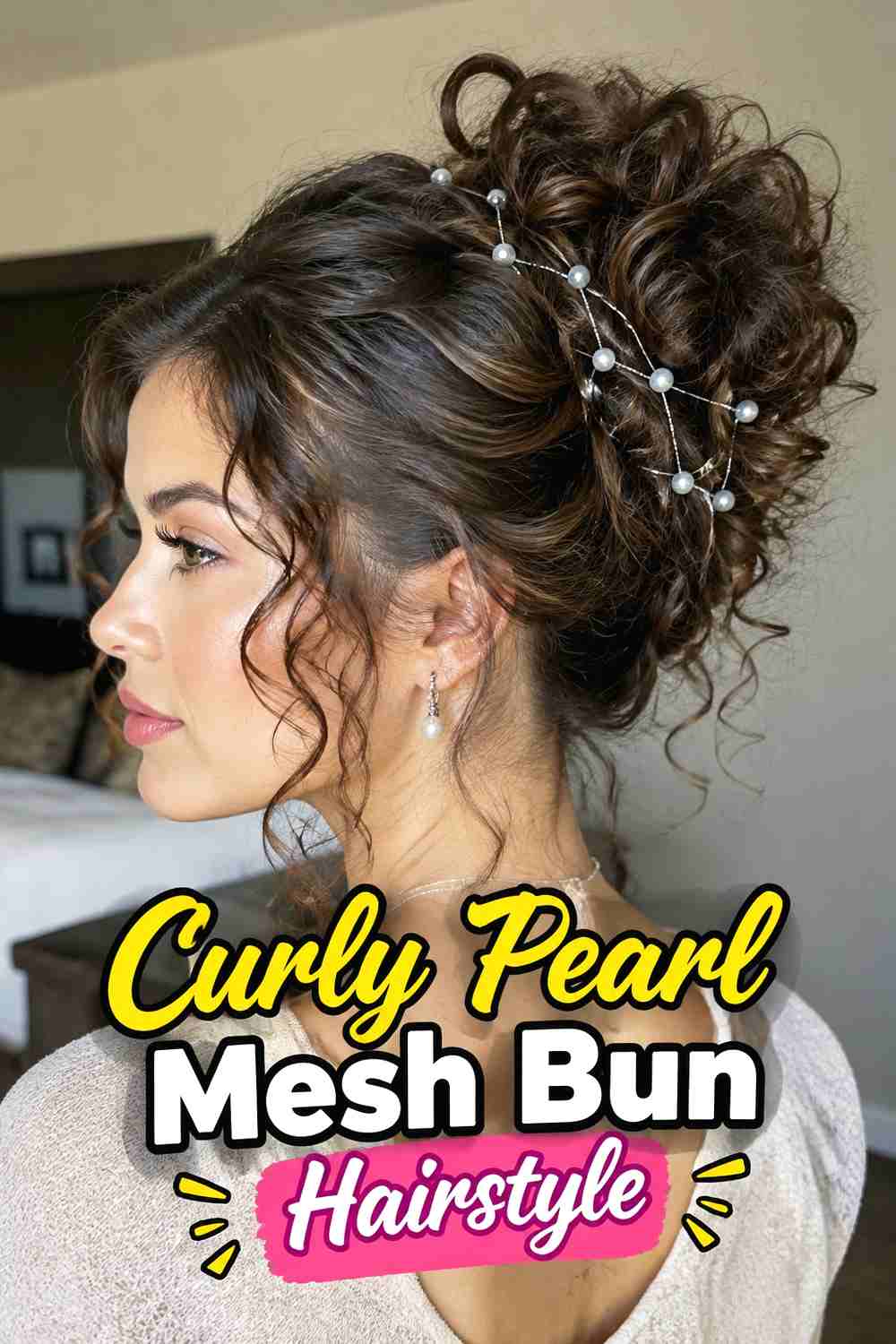 14. Curly Pearl Mesh Bun Hairstyle