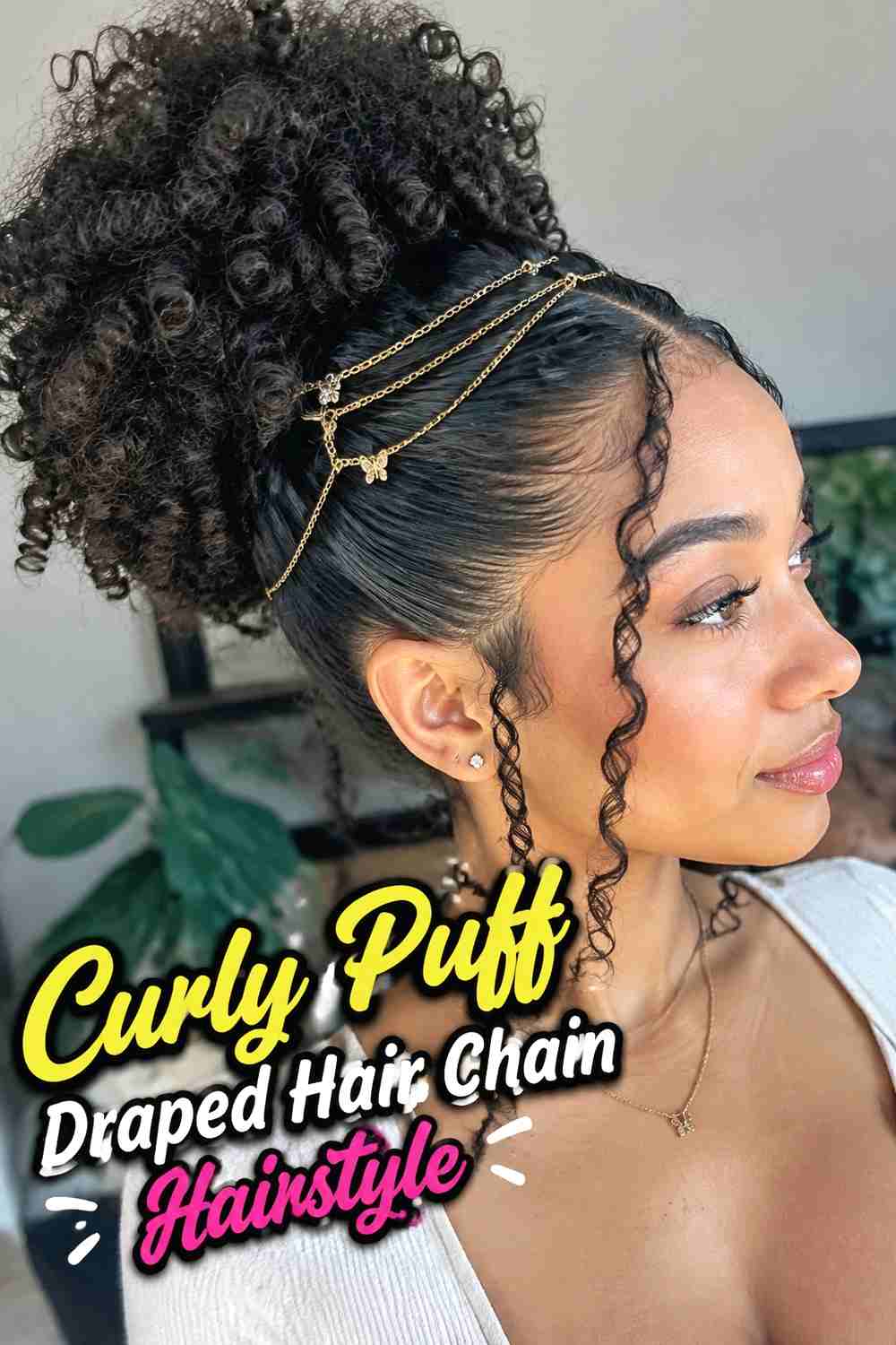 14. Curly Puff Draped Hair Chain Hairstyle