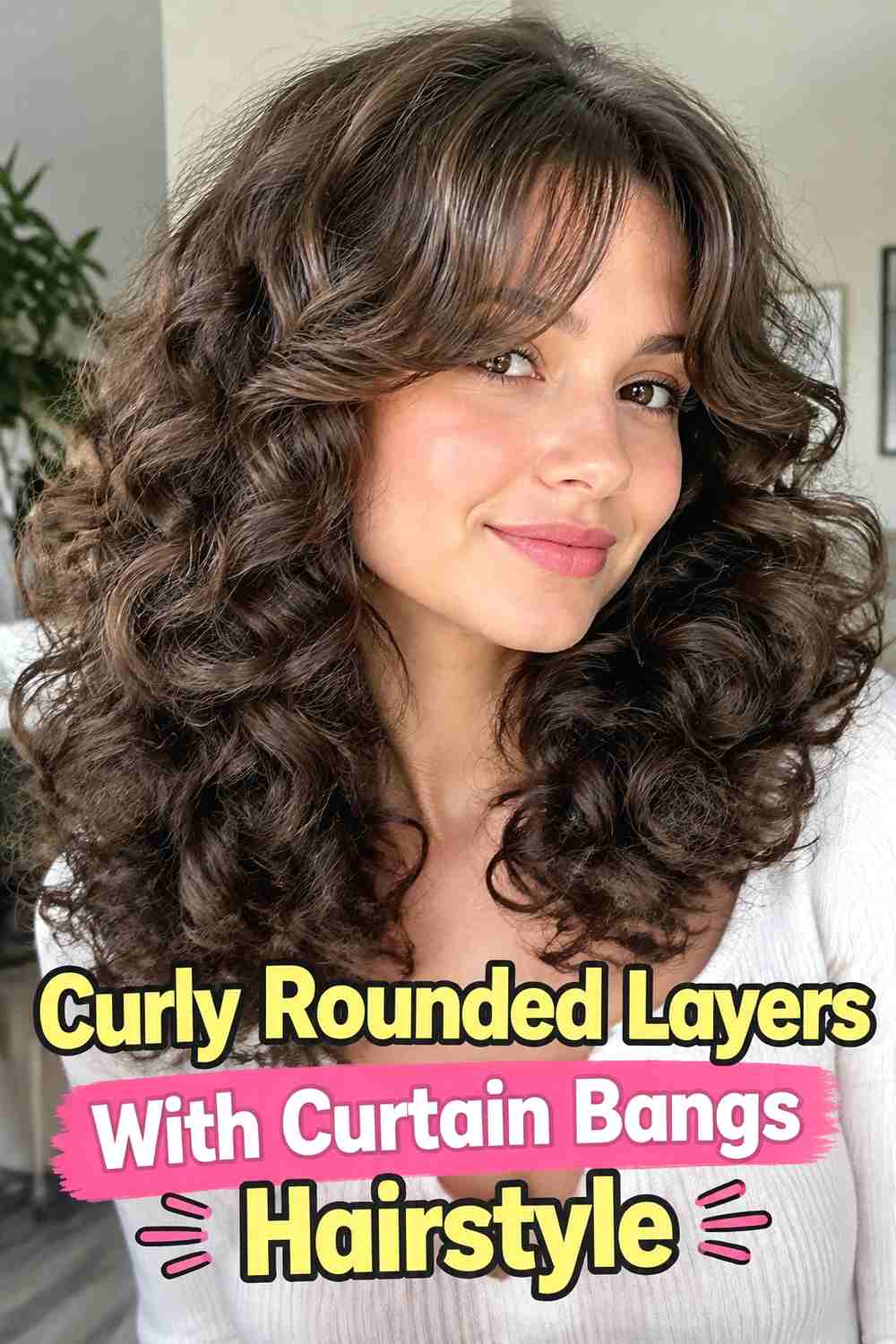 7. Curly Rounded Layers With Curtain Bangs Hairstyle