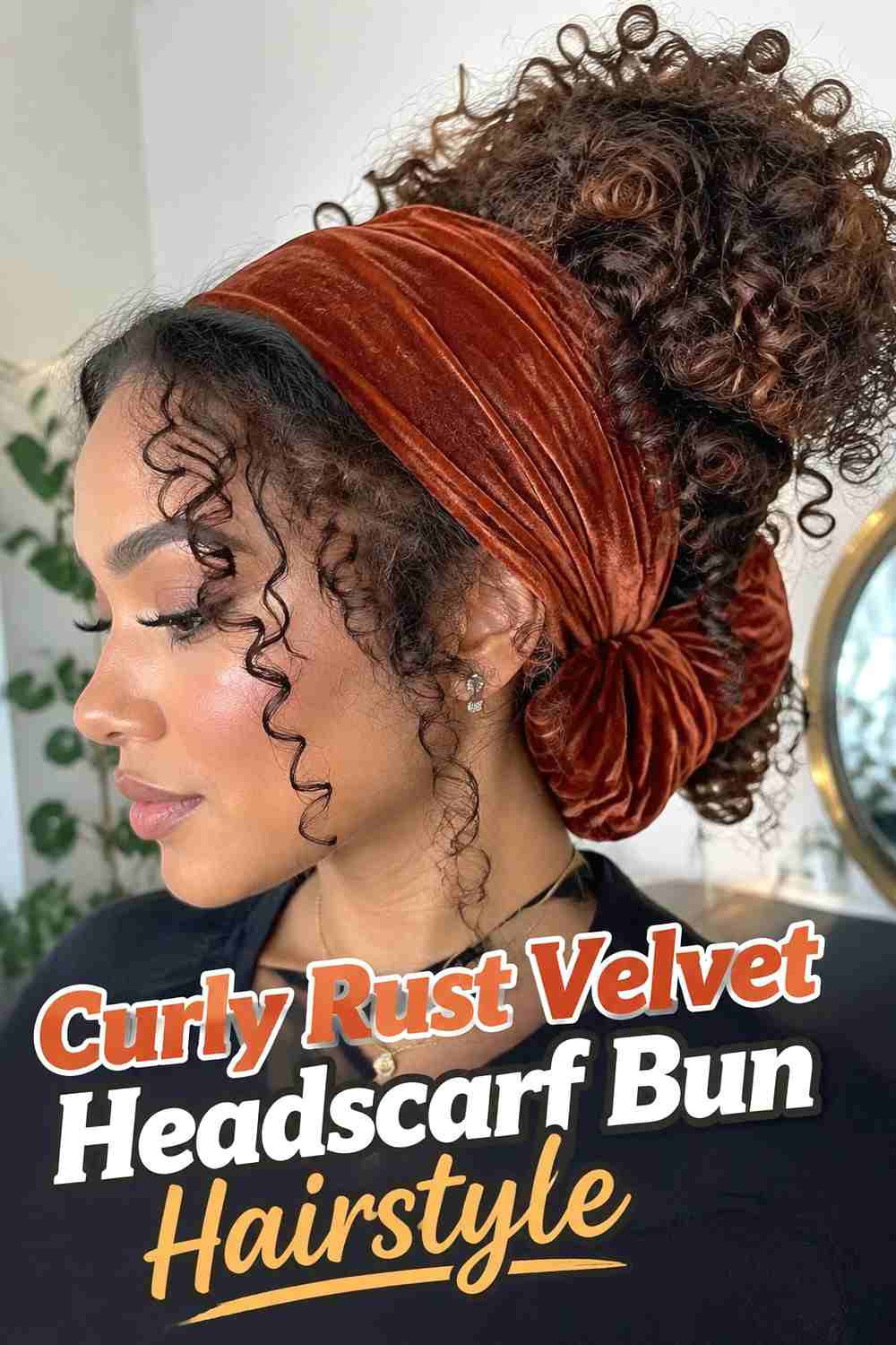 7. Curly Rust Velvet Headscarf Bun Hairstyle