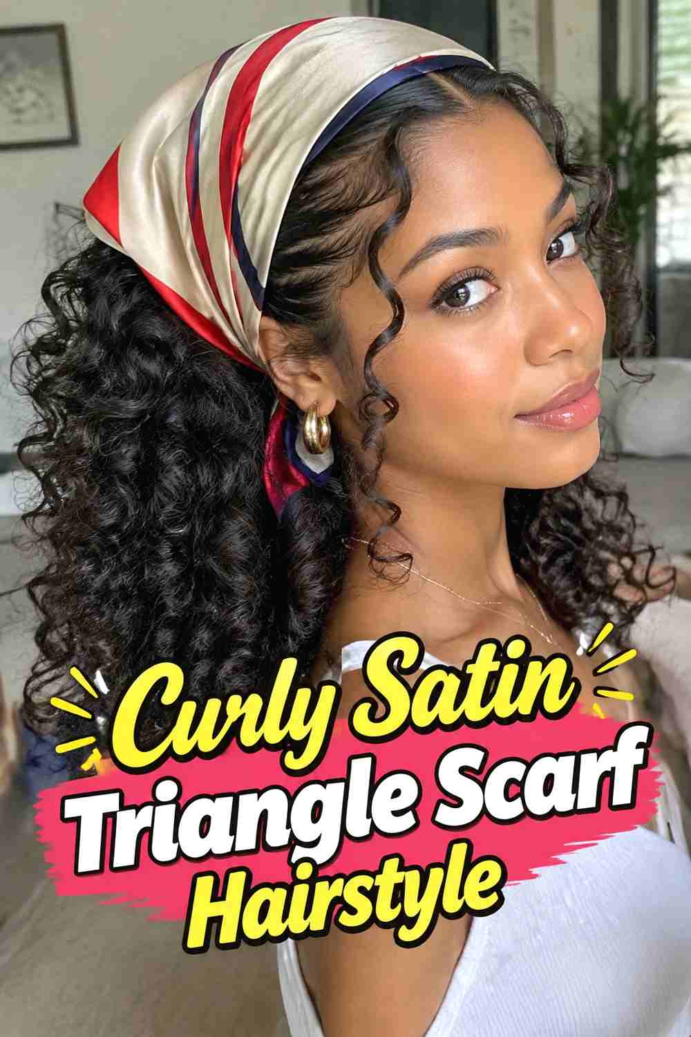 7. Curly Satin Triangle Scarf Hairstyle