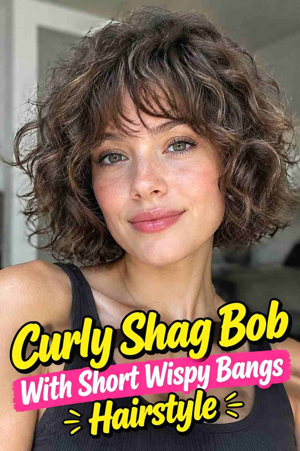 18. Curly Shag Bob With Short Wispy Bangs Hairstyle