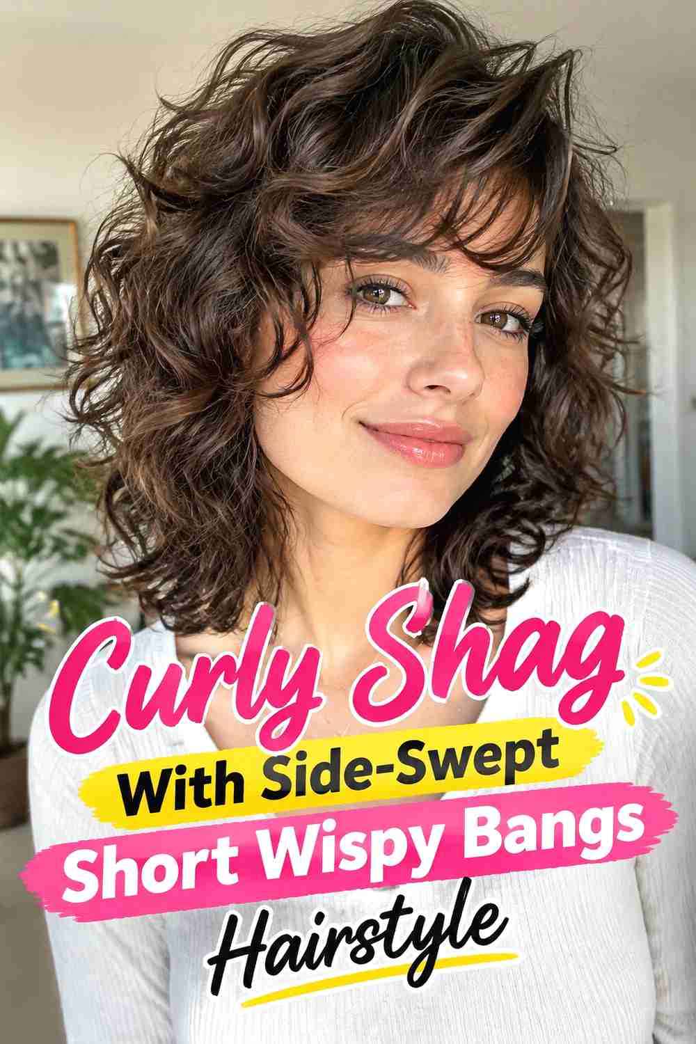 8. Curly Shag With Side Swept Short Wispy Bangs Hairstyle