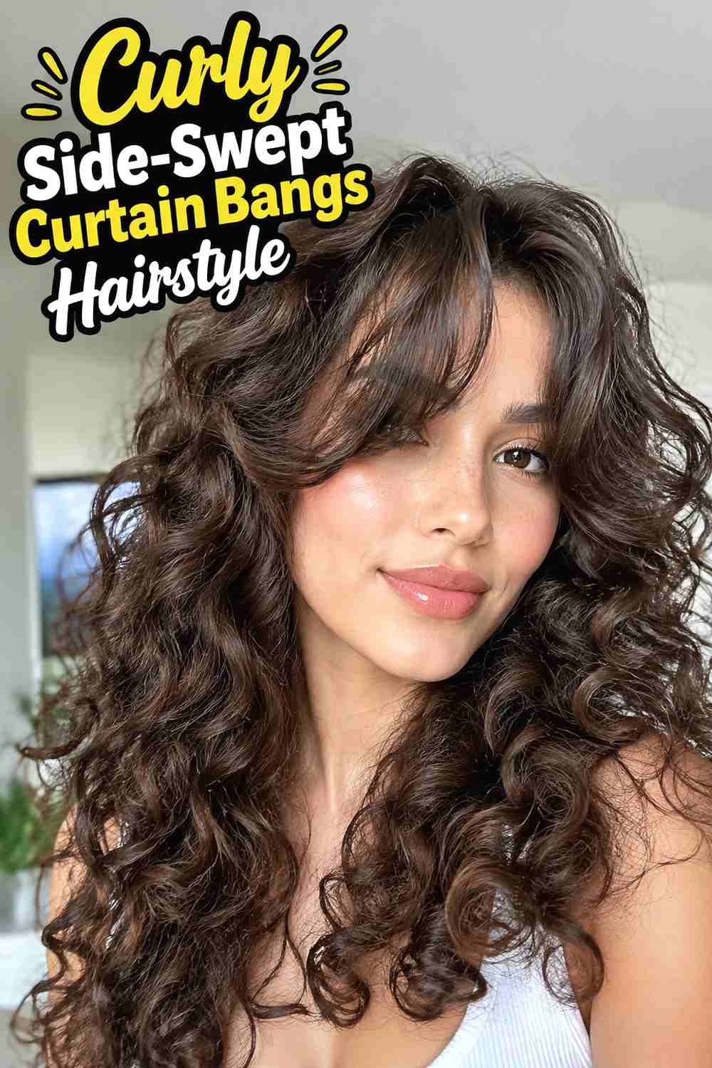 6. Curly Side Swept Curtain Bangs Hairstyle