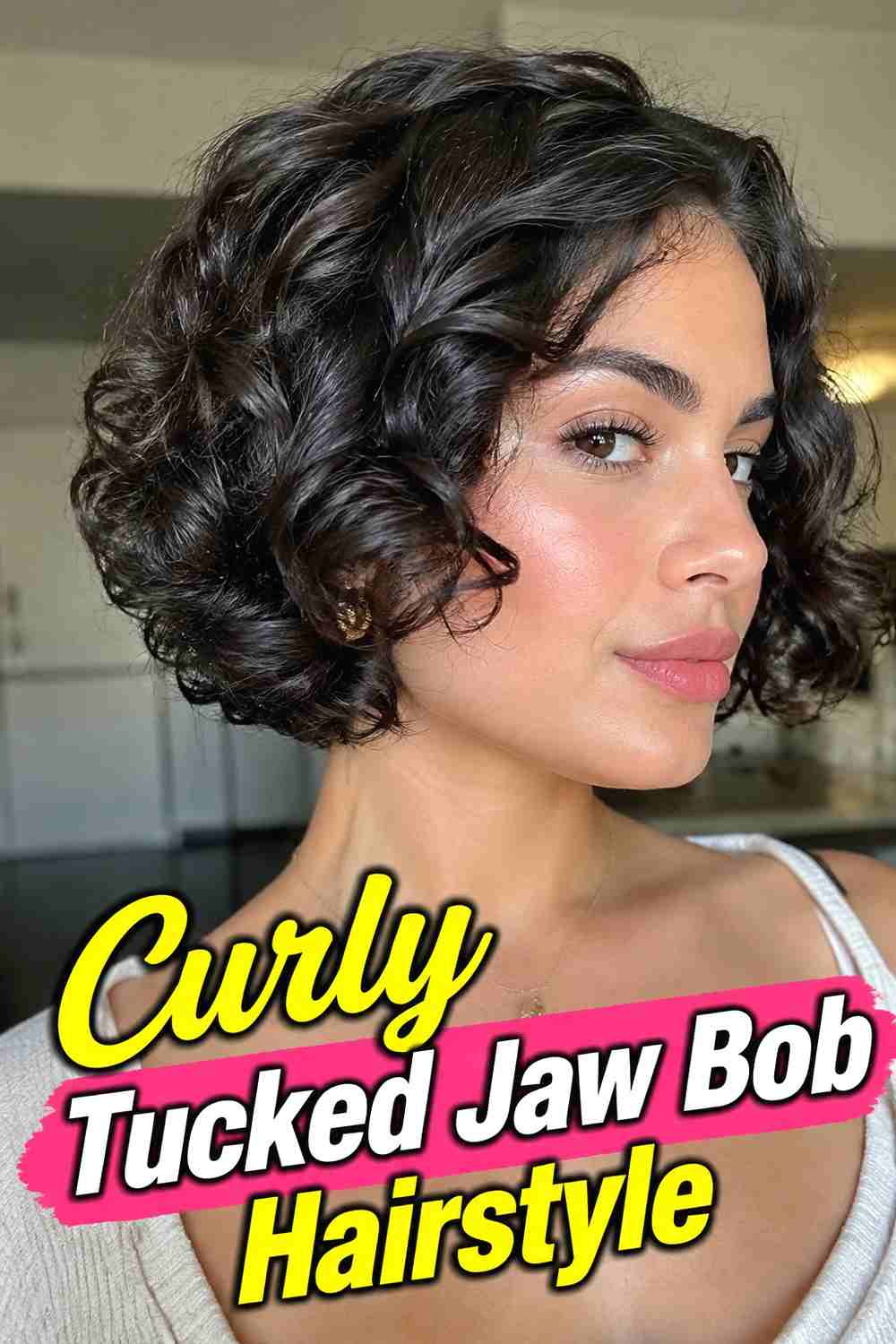 13. Curly Tucked Jaw Bob Hairstyle