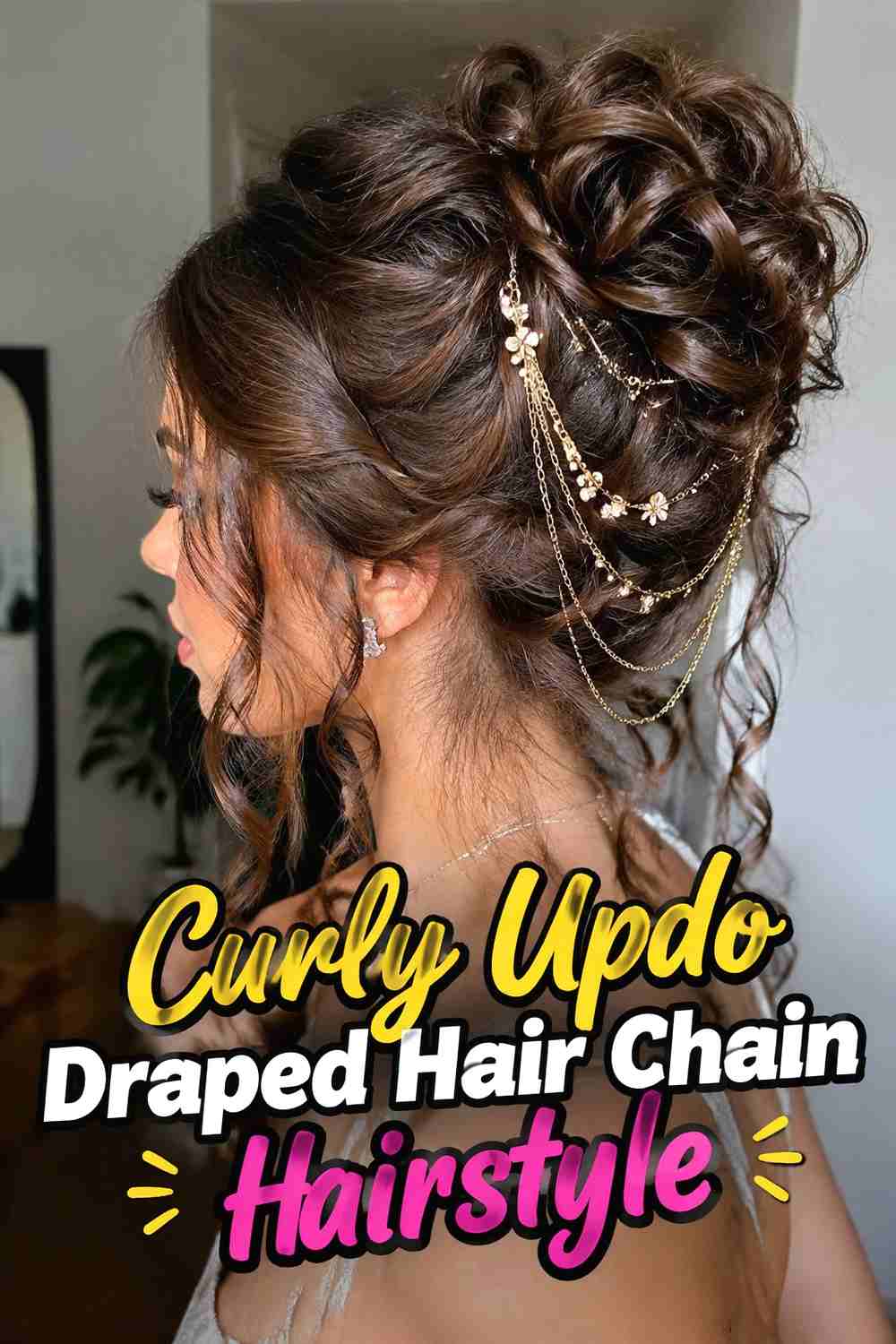 6. Curly Updo Draped Hair Chain Hairstyle