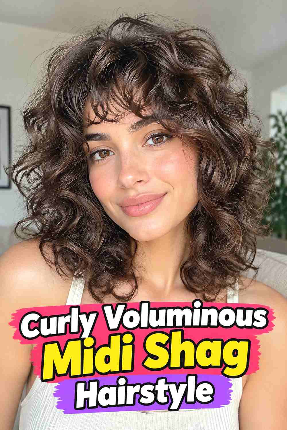 4. Curly Voluminous Midi Shag Hairstyle